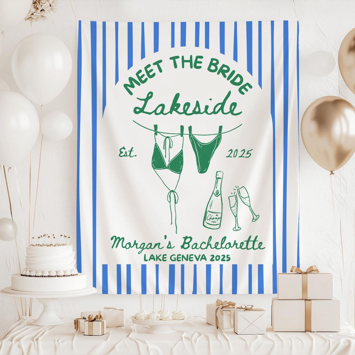 Bride by the lake bachelorette banner for girls weekend and lake vacation
