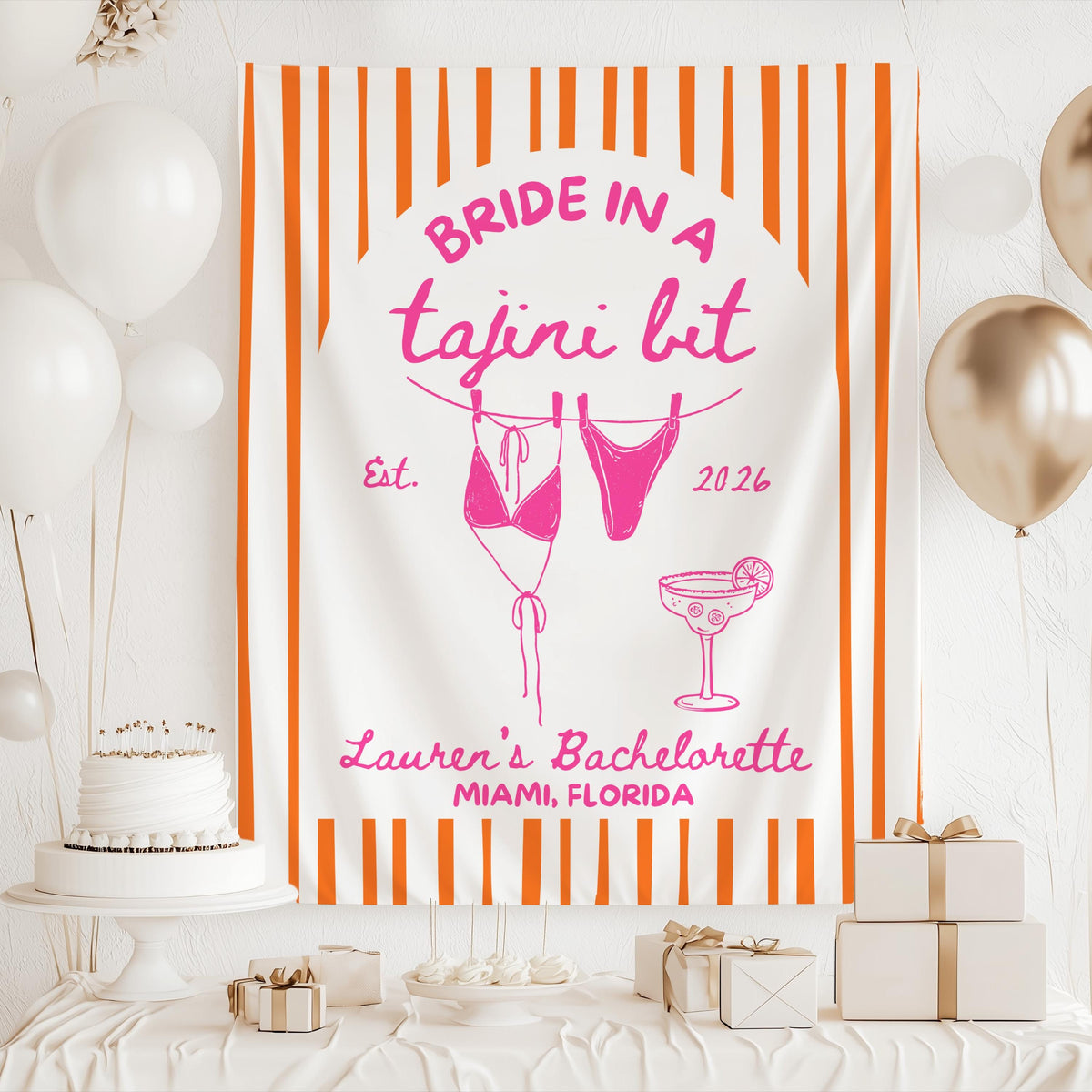 Beach bachelorette banner inspired by tropical vacations featuring custom personalization and hanging bikini