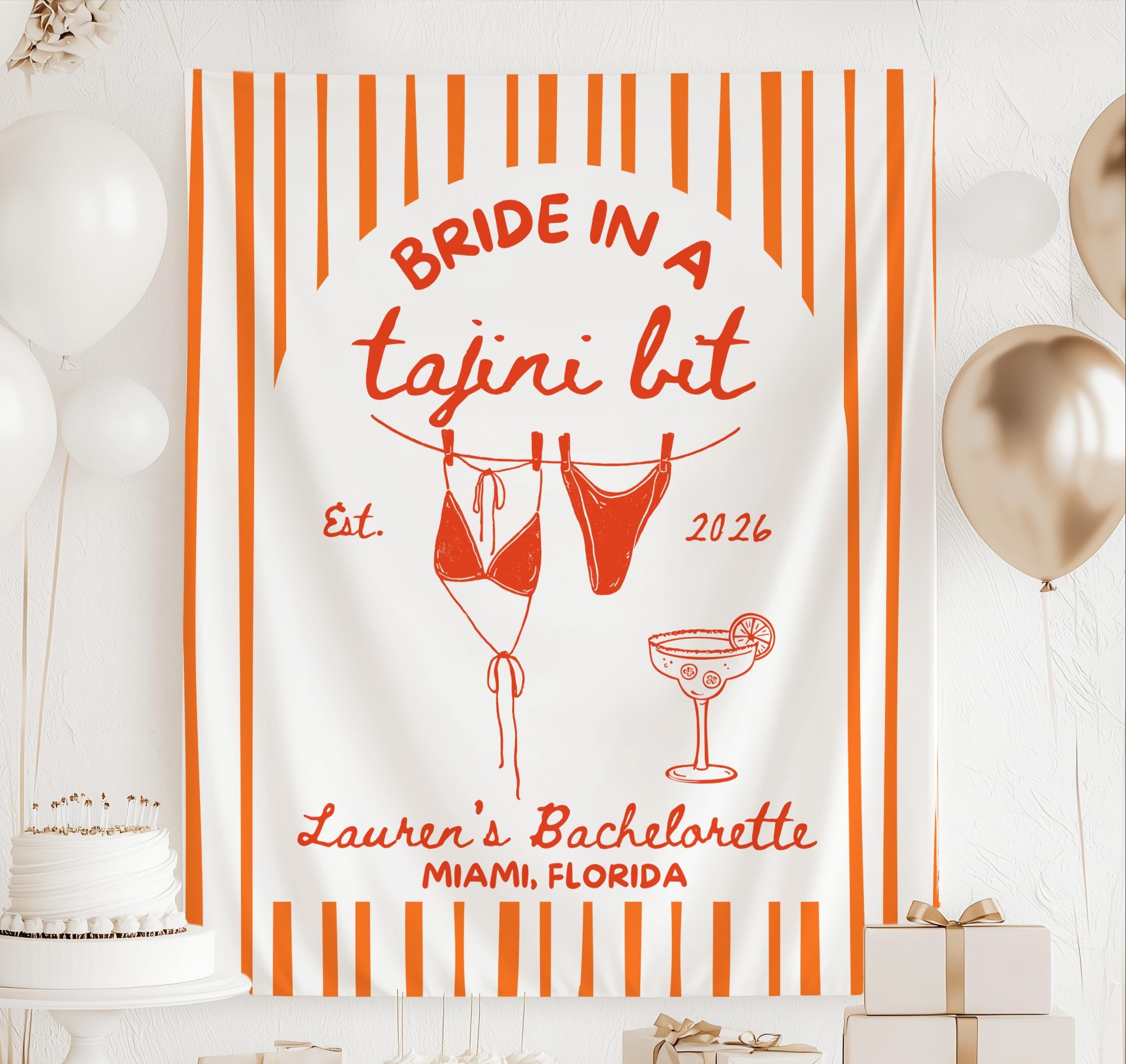 Personalized Bride in a Tajini Bit bachelorette party banner featuring striped design, swimsuit illustration and custom names for a beach bach celebration.