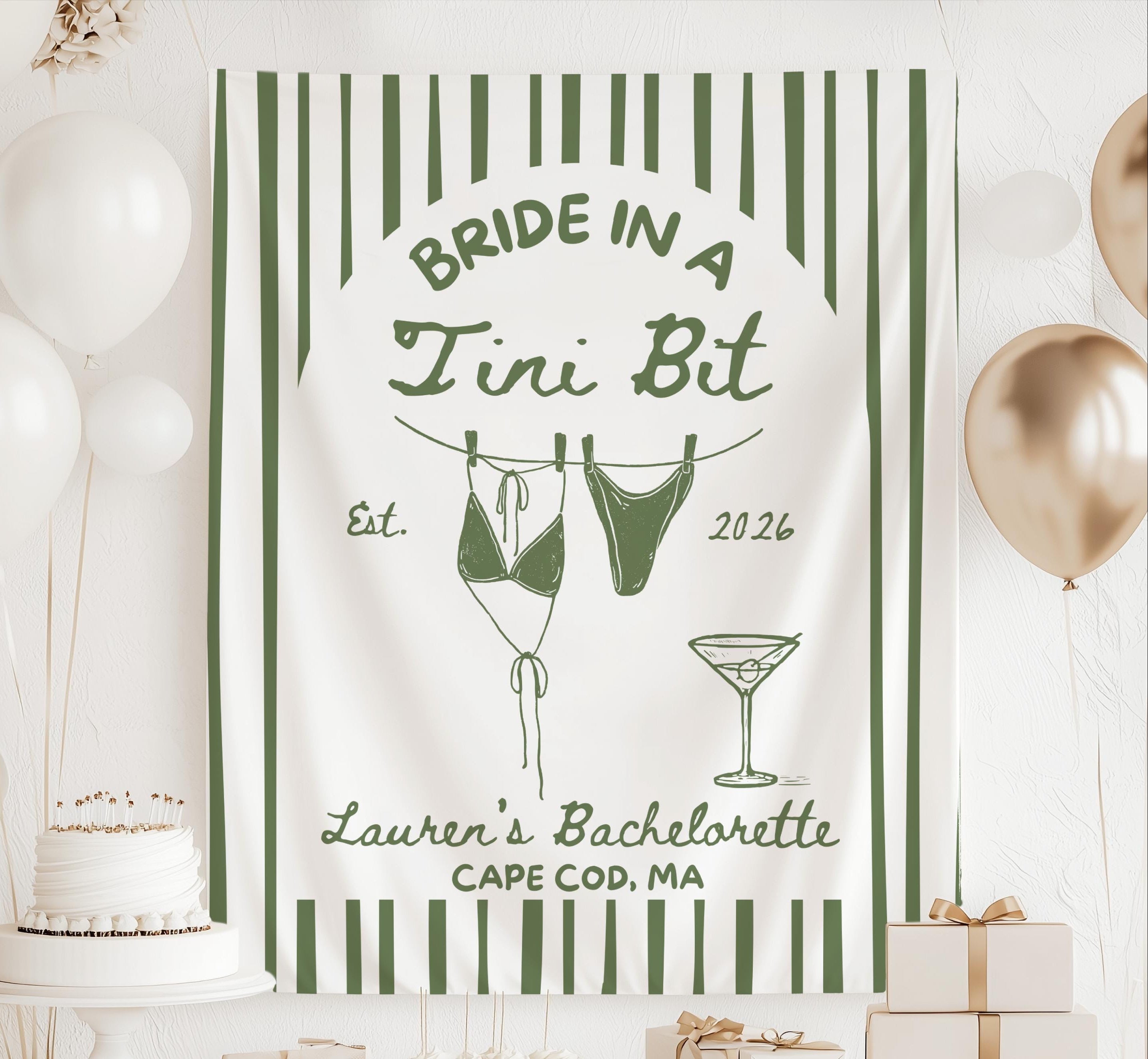 Personalized Bride in a Tini Bit banner featuring dirty martini artwork, striped design, hanging bikini illustration, and custom bachelorette details.
