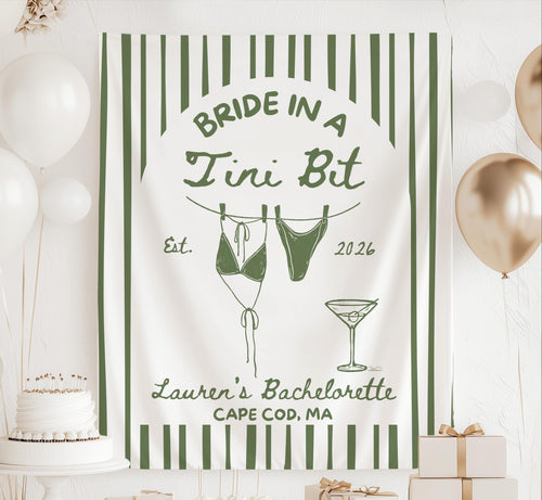 Personalized Bride in a Tini Bit banner featuring dirty martini artwork, striped design, hanging bikini illustration, and custom bachelorette details.