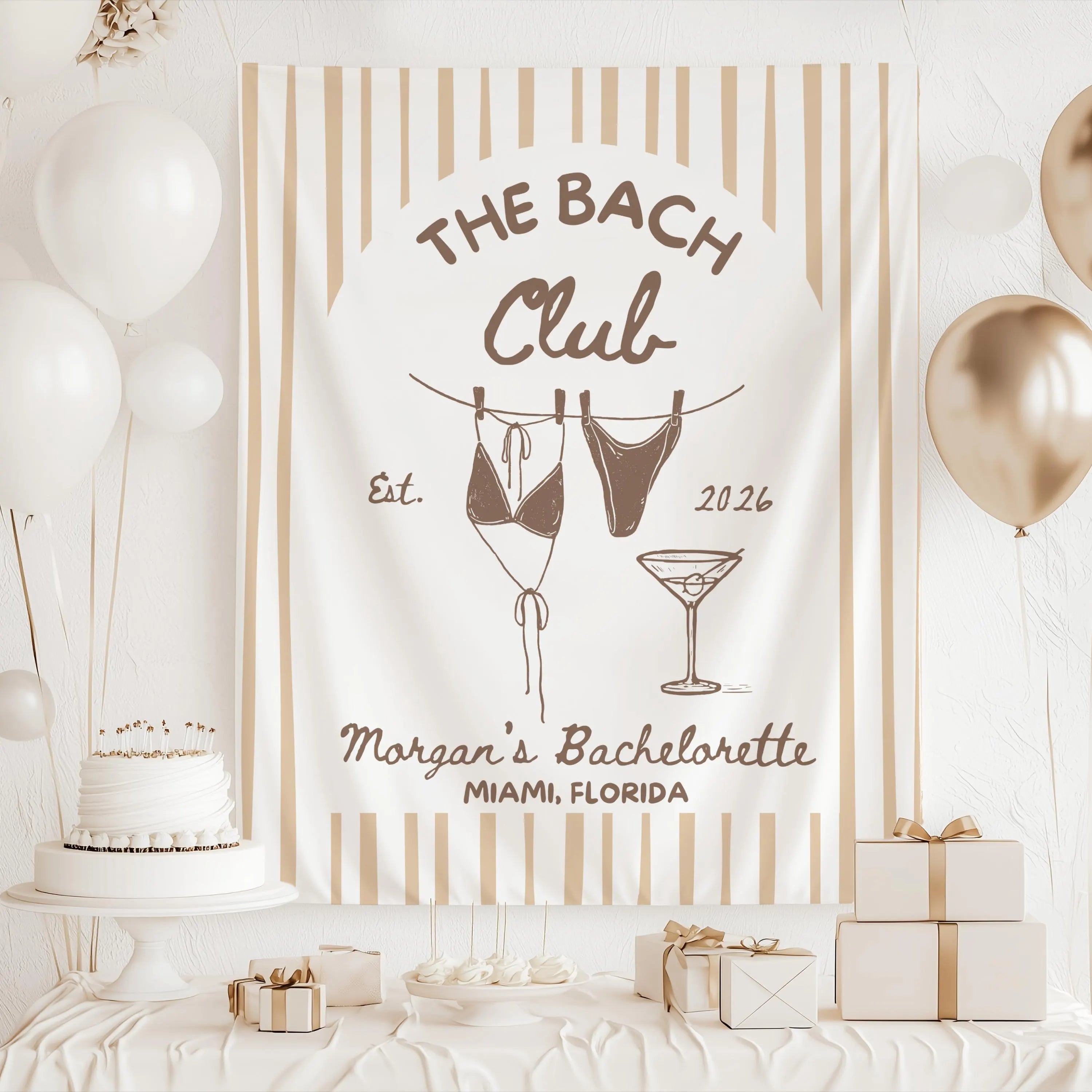 Hanging bikini clothesline banner for a beach themed bachelorette party photo backdrop.

