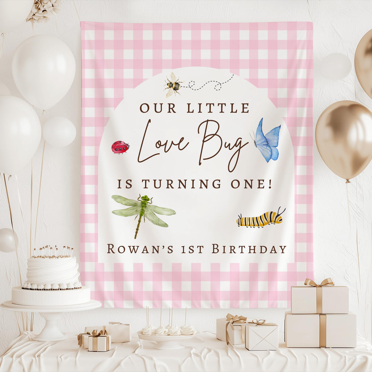 Custom bug theme birthday backdrop for cake table decorations and first birthday party photos
