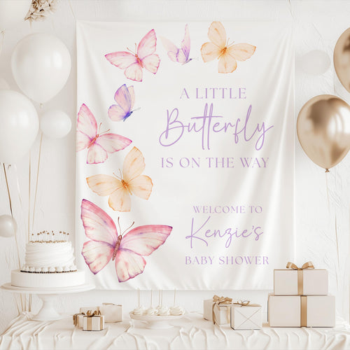 Custom butterfly baby shower banner featuring pastel watercolor butterflies and personalized text