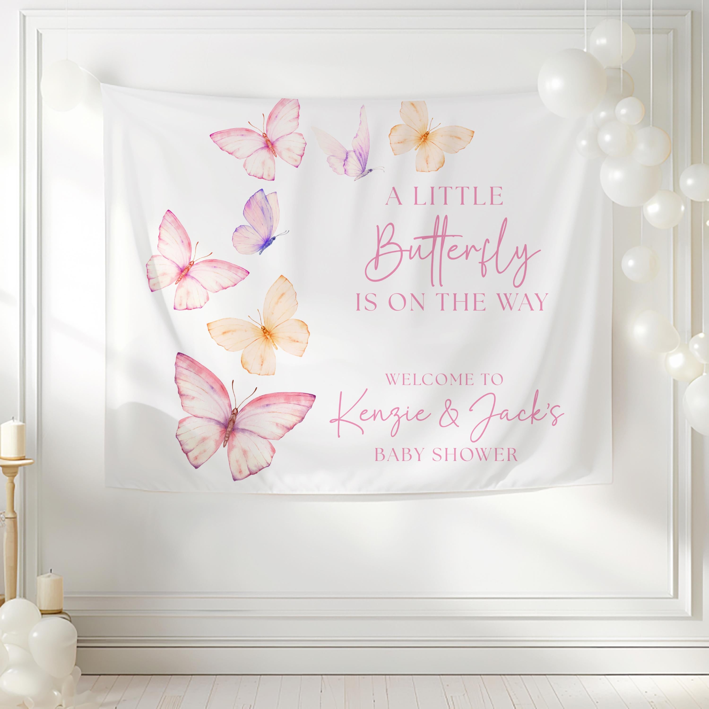 Butterfly baby shower welcome sign with custom names and watercolor butterfly design