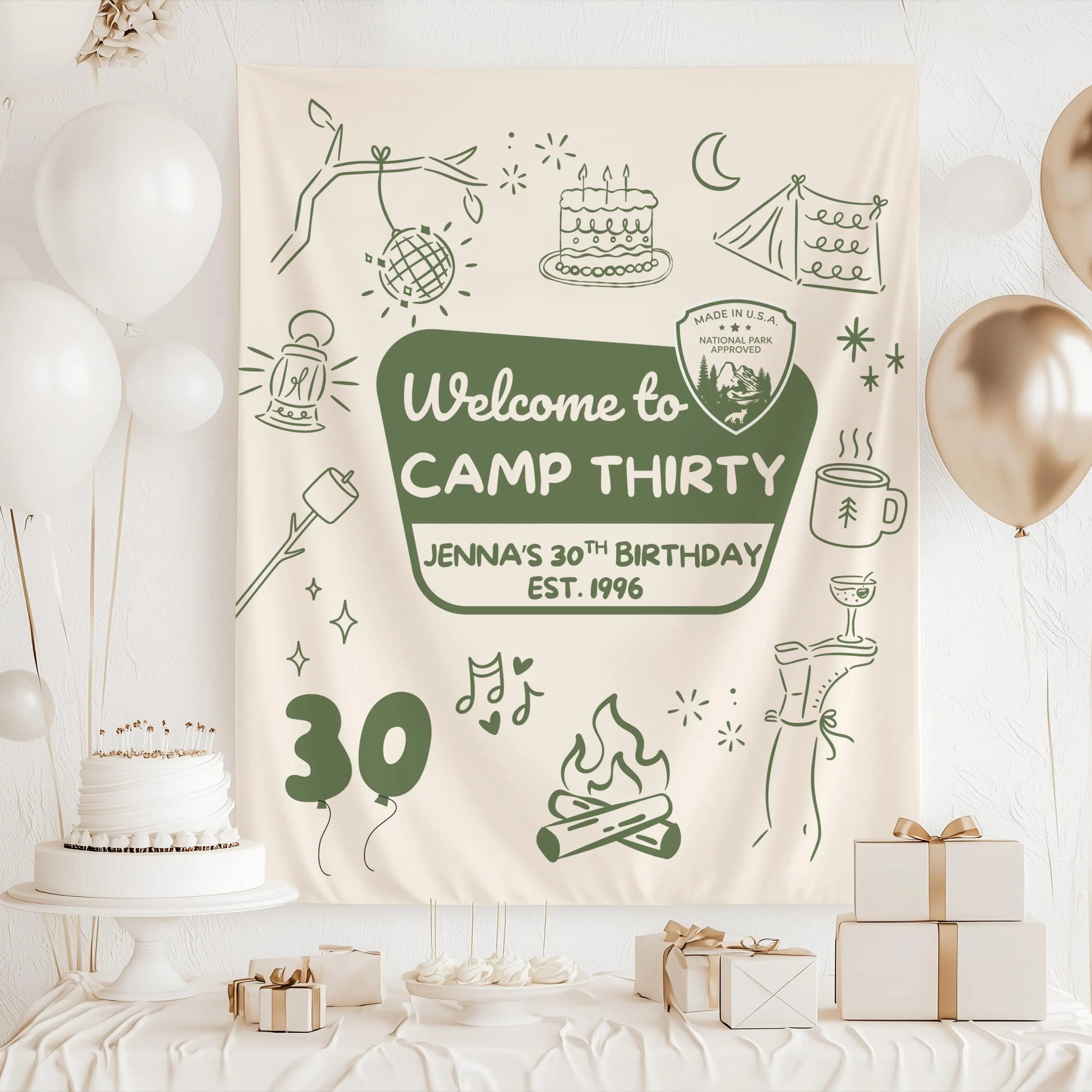Camping birthday backdrop personalized for a 30th birthday party at a cabin, campsite, or mountain getaway.