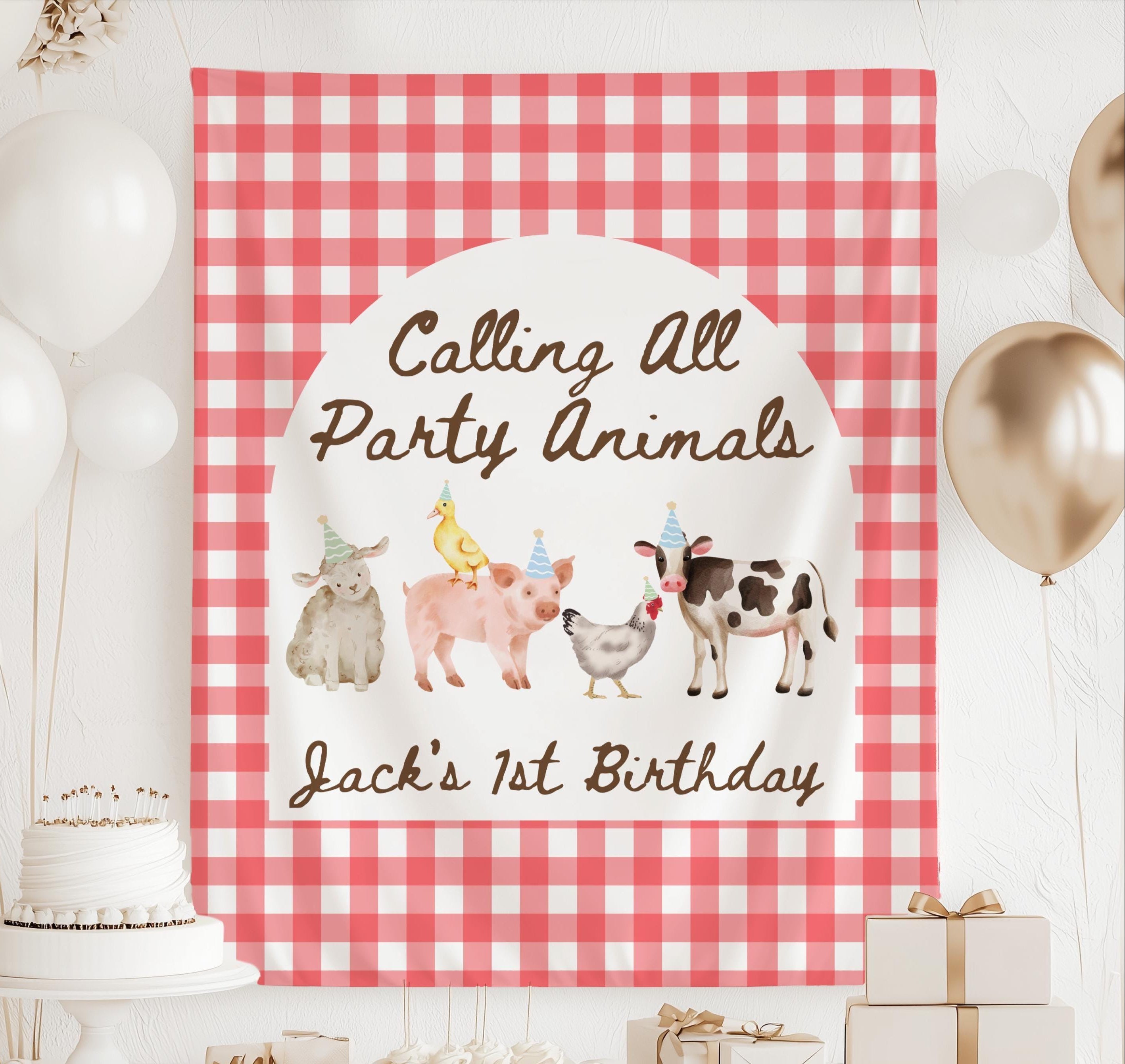 Personalized Calling All Party Animals birthday banner featuring adorable farm animals, red gingham background and custom birthday details.