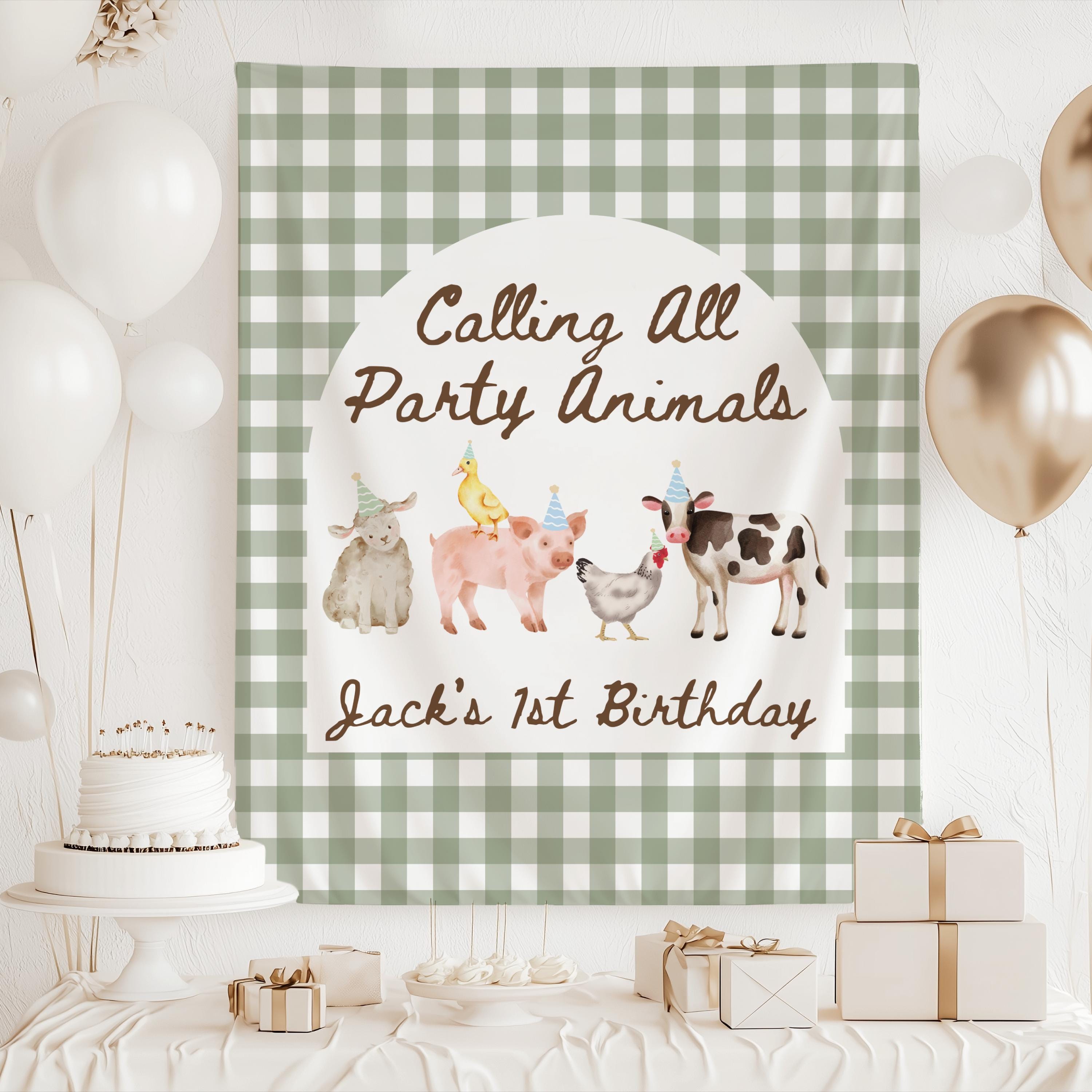 Barnyard birthday party backdrop featuring watercolor farm animals, pink gingham pattern and personalized birthday decorations.