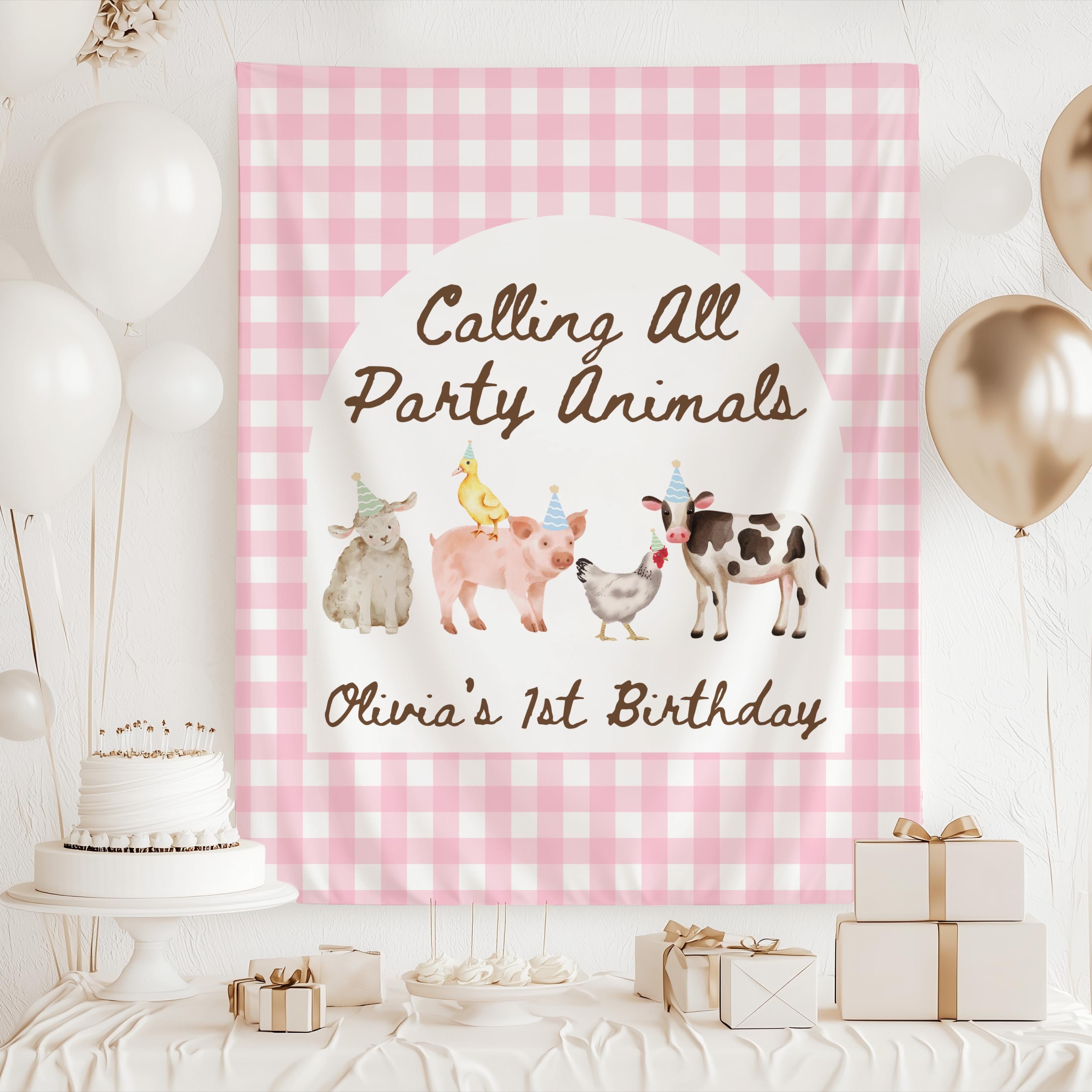 Custom farm animal birthday banner with lamb, pig, cow, chicken and duck illustrations for a fun barnyard birthday celebration.