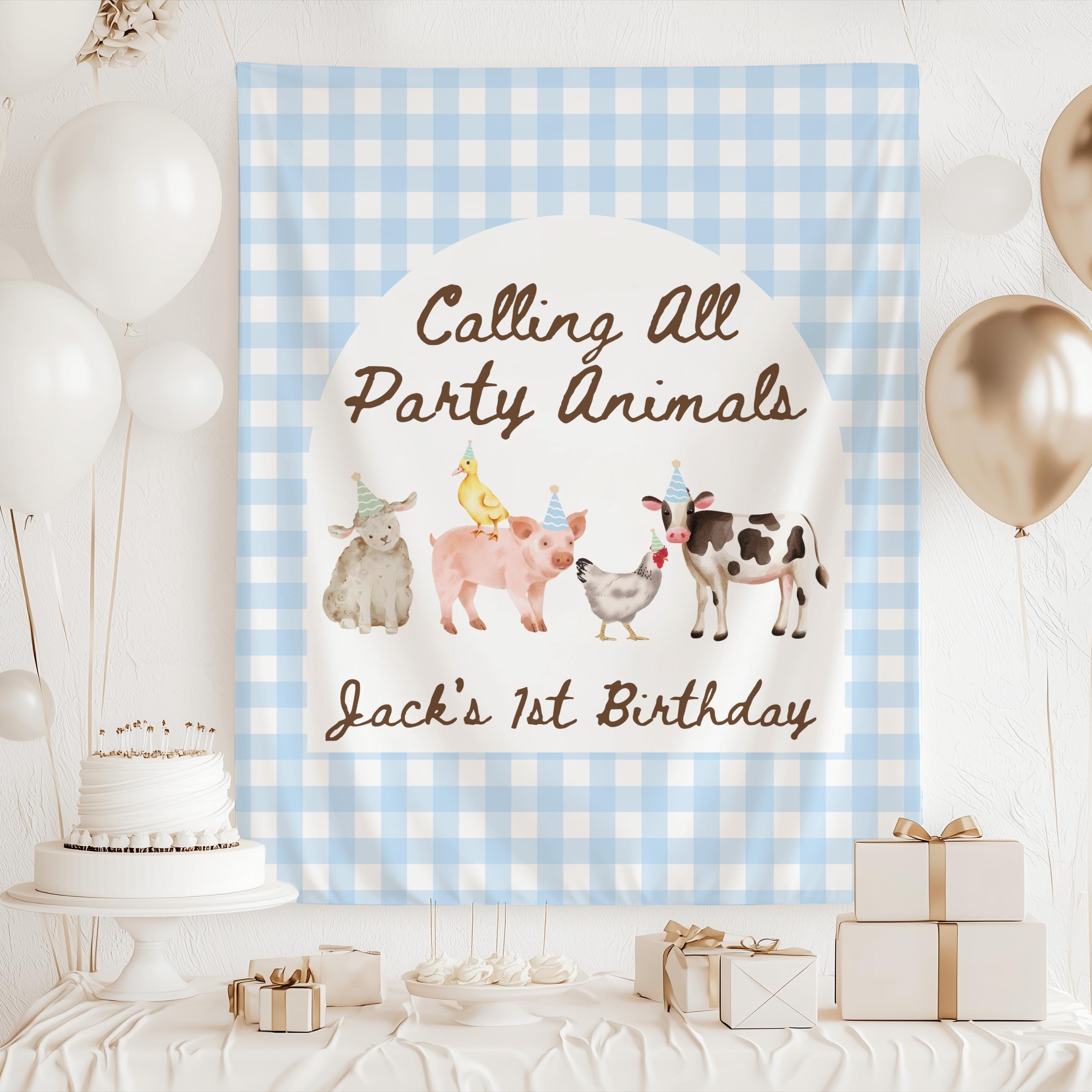 Farm animal first birthday backdrop personalized with child's name and birthday details for a cute barnyard themed party.