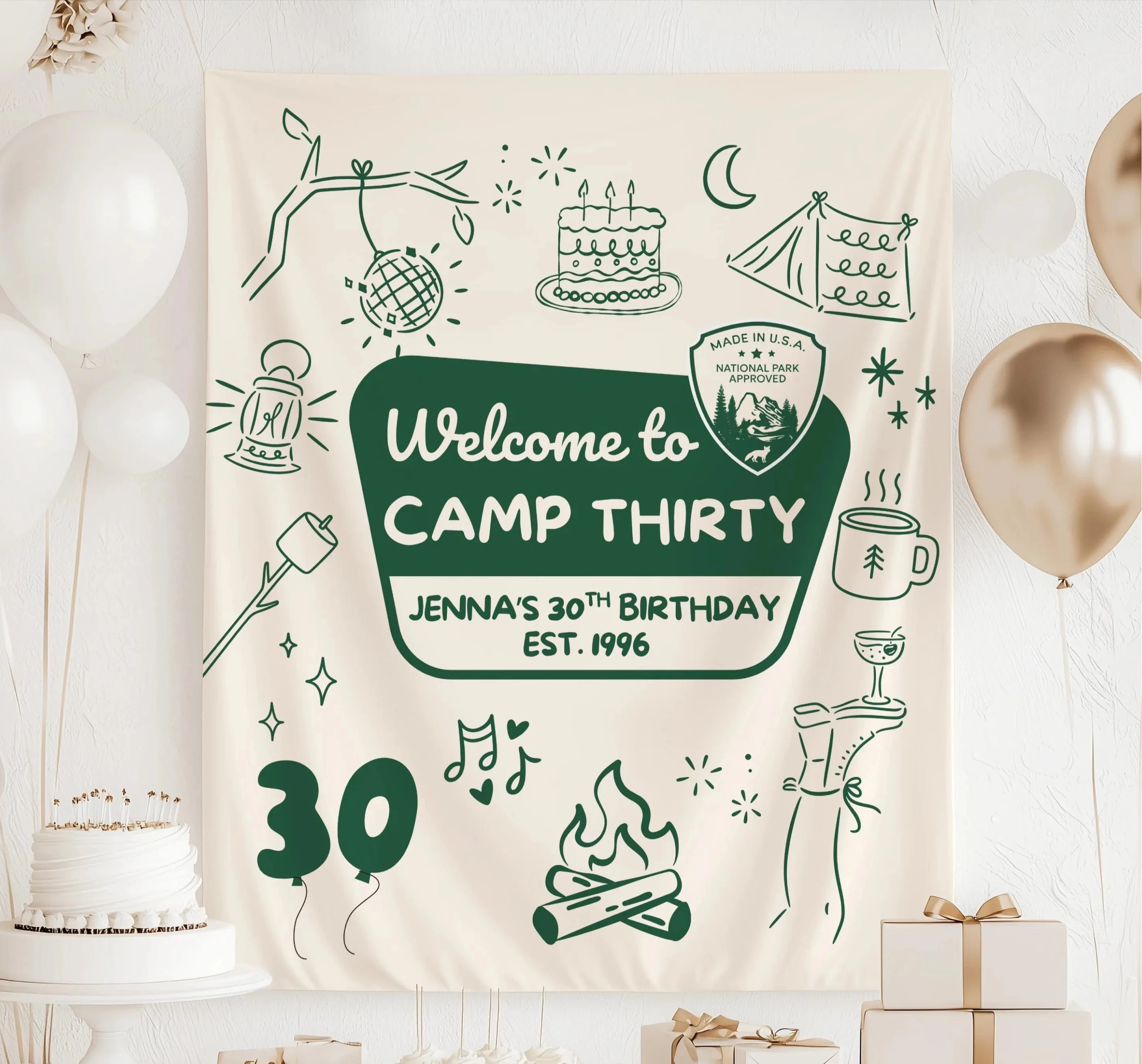 custom Camp Thirty camping birthday backdrop personalized with birthday name and established year.