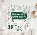 Personalized Camp Thirty birthday banner featuring camping icons, campfire design, and custom name for a 30th birthday party backdrop.