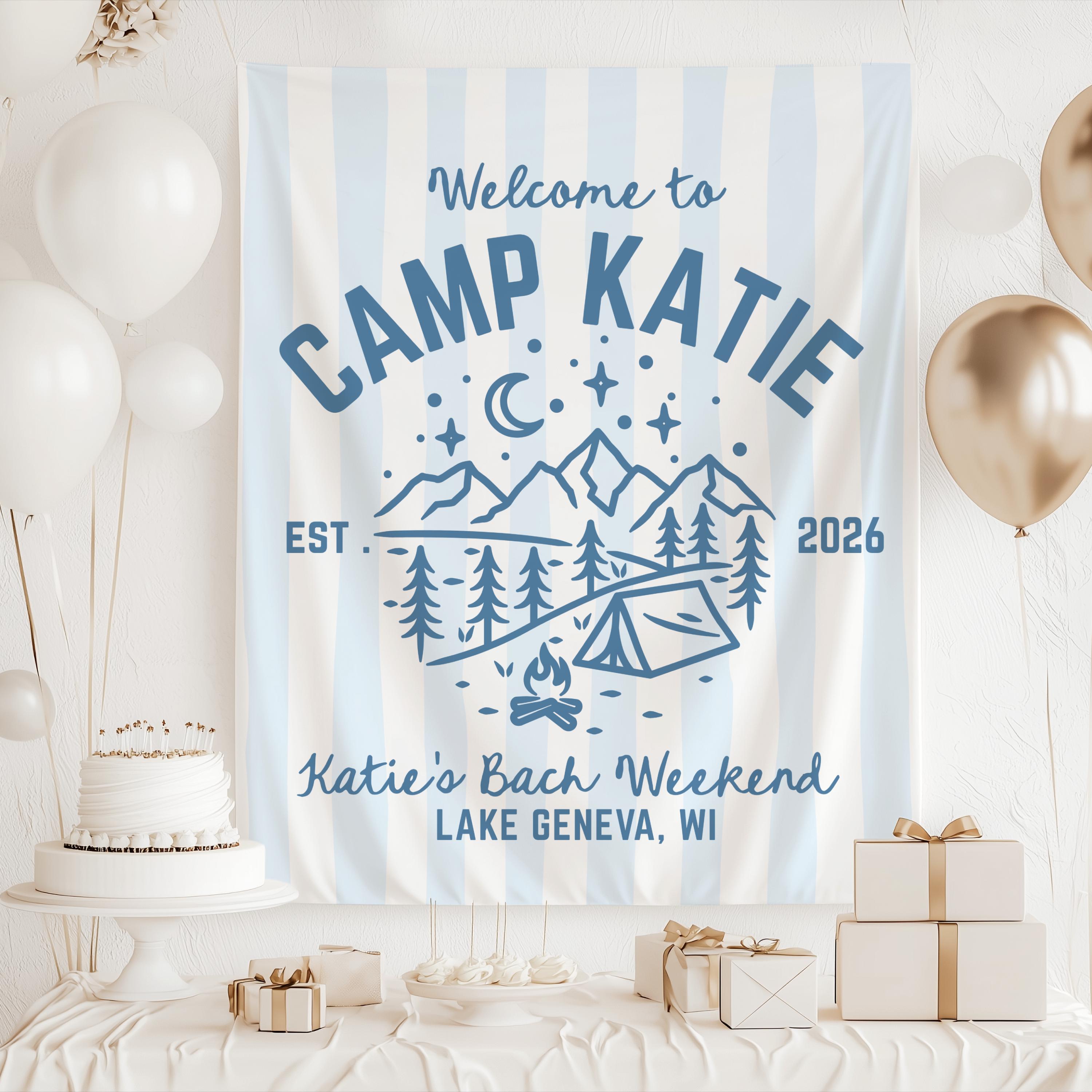 Personalized camping bachelorette banner for girls weekend and custom photo backdrop

