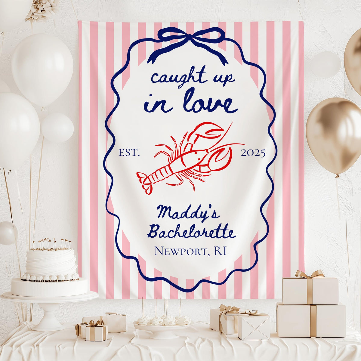 Coastal Caught Up in Love banner for a nautical beach bachelorette party
