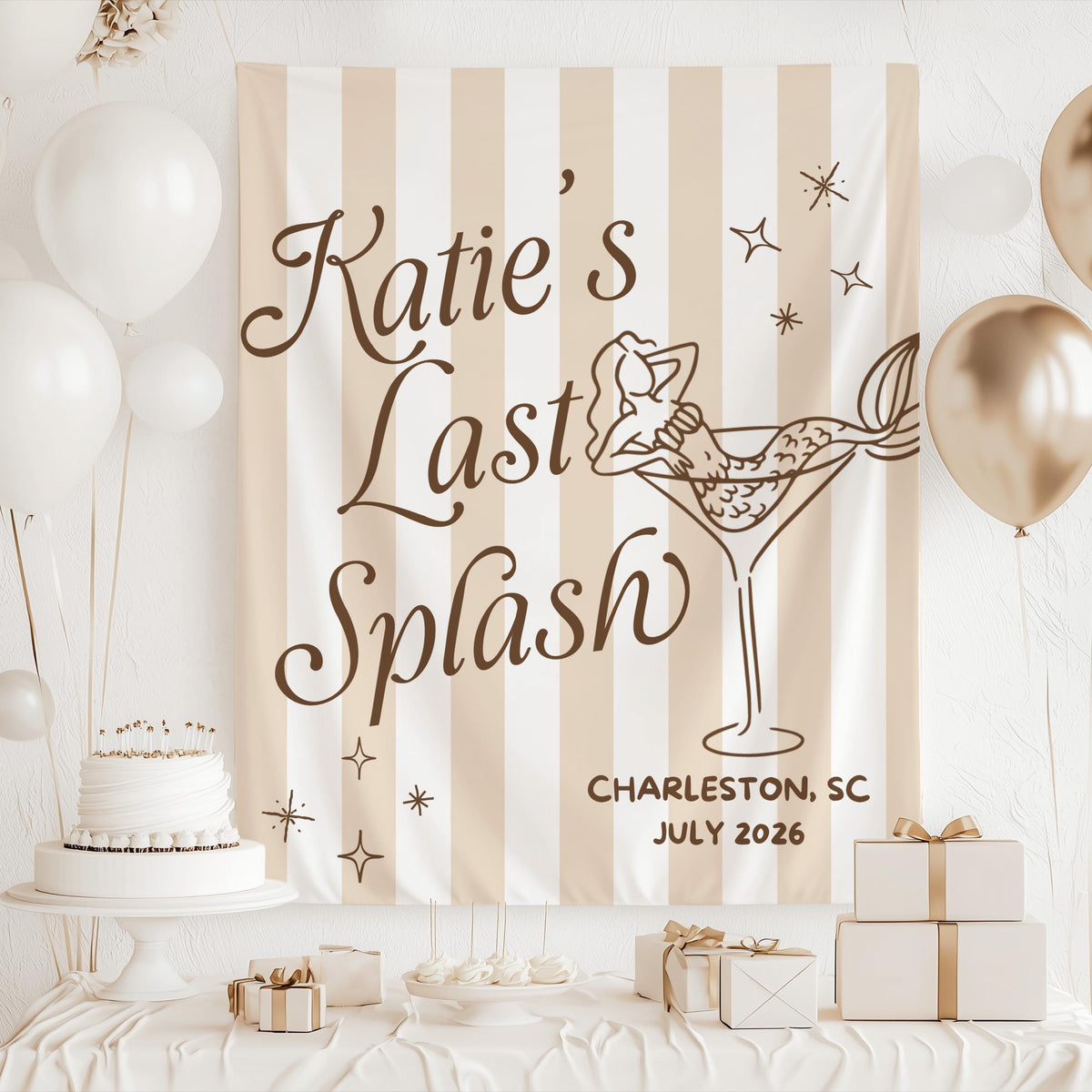 Custom Charleston bachelorette backdrop featuring a whimsical mermaid design for a beach-inspired girls weekend.