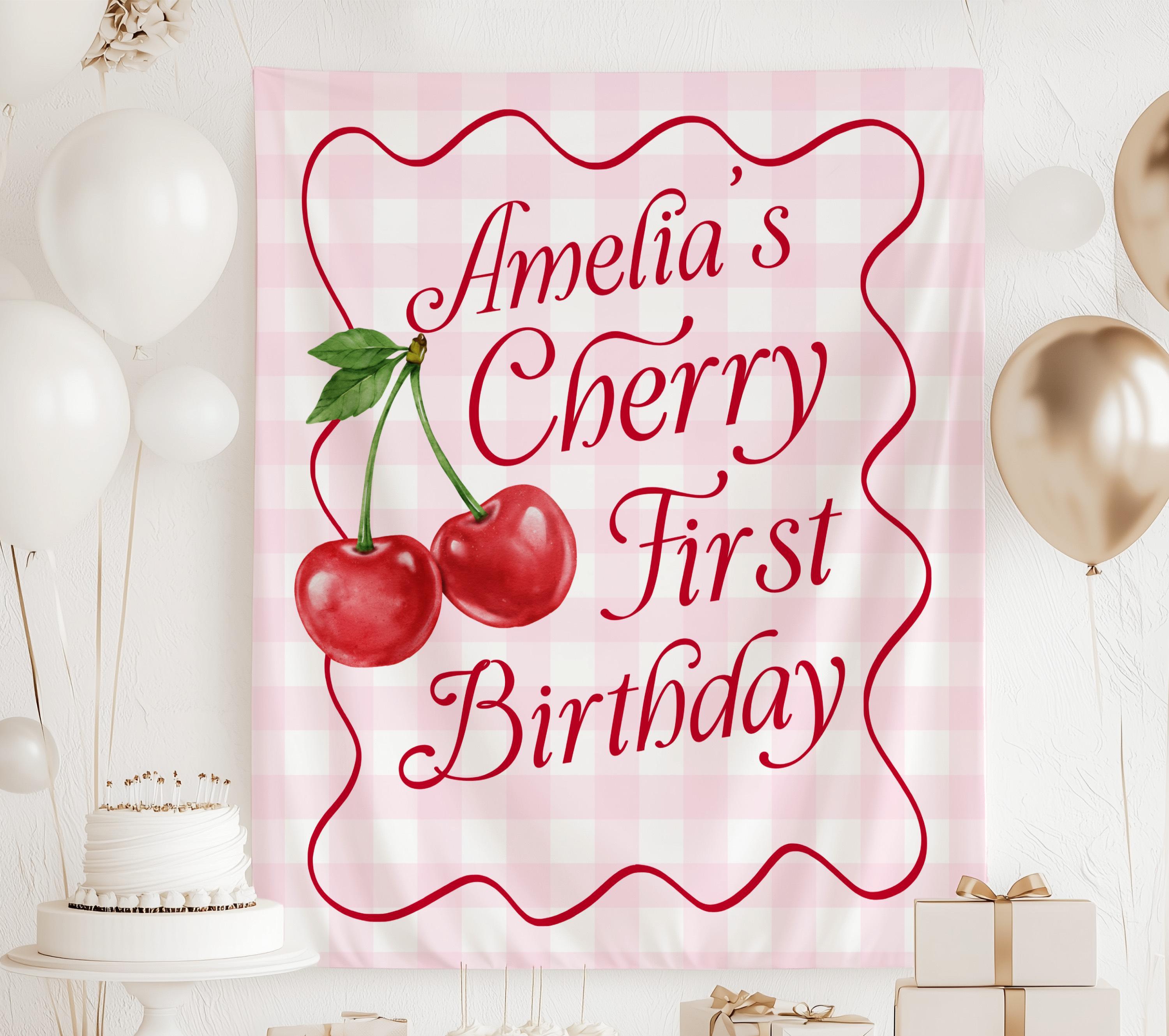 Sweet cherry first birthday banner featuring watercolor cherries and personalized birthday details
sweet-one-cherry-birthday-banner