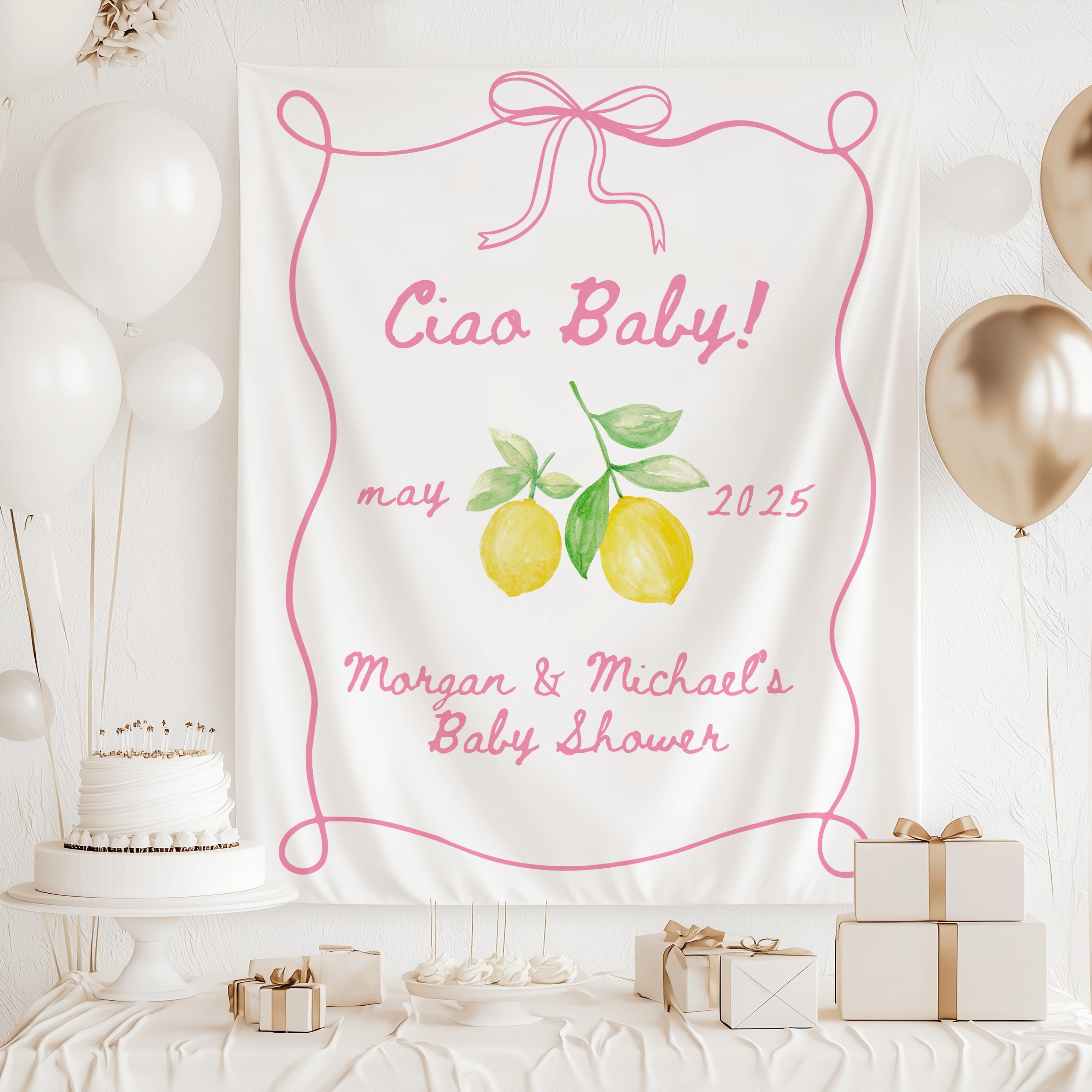 Ciao Baby baby shower banner with Mediterranean inspired design and personalized baby shower details