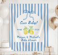 Personalized Ciao Baby shower banner with watercolor lemons and blue striped Italian design
