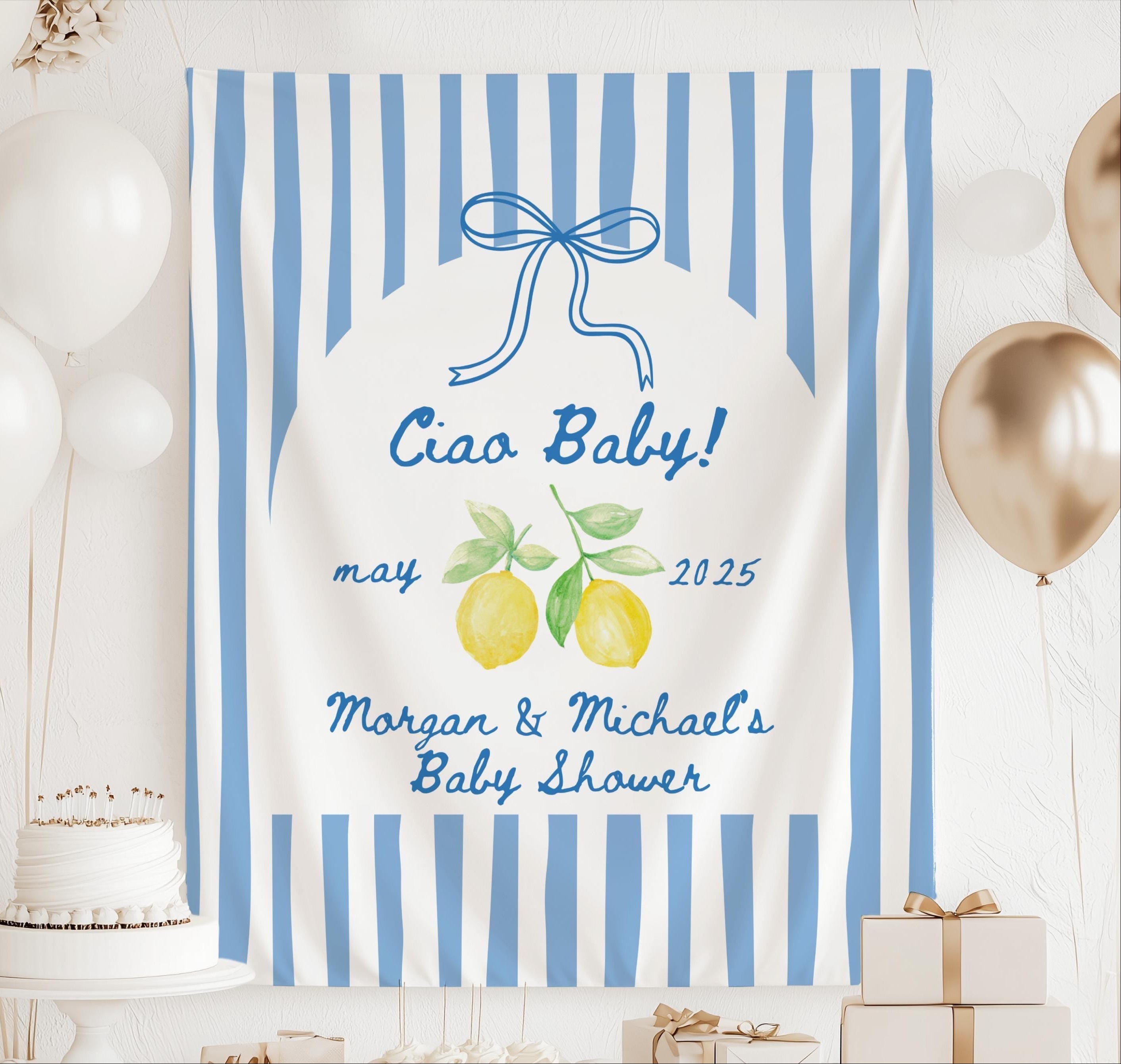 Personalized Ciao Baby shower banner with watercolor lemons and blue striped Italian design