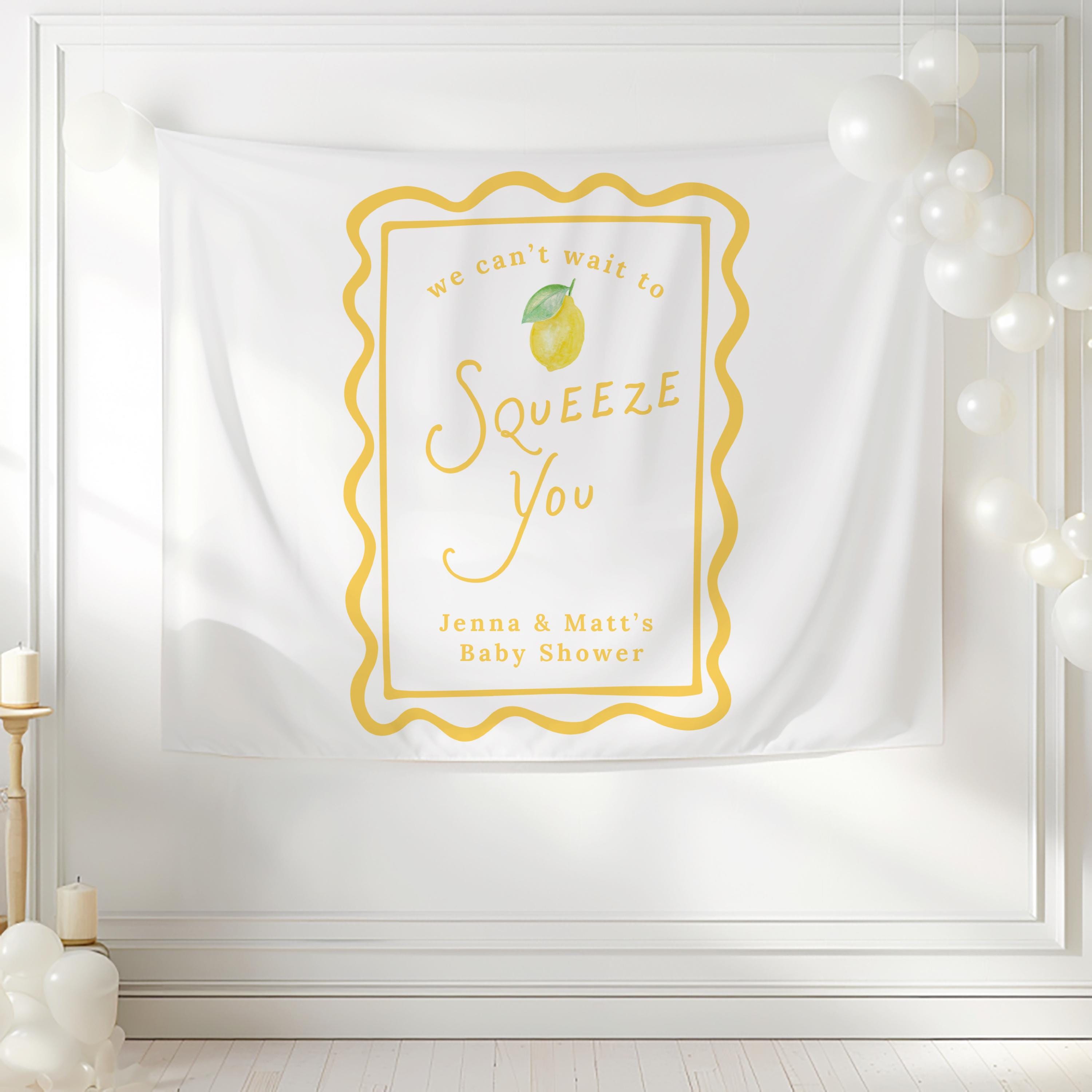 Custom citrus baby shower backdrop featuring watercolor lemon artwork and yellow striped background