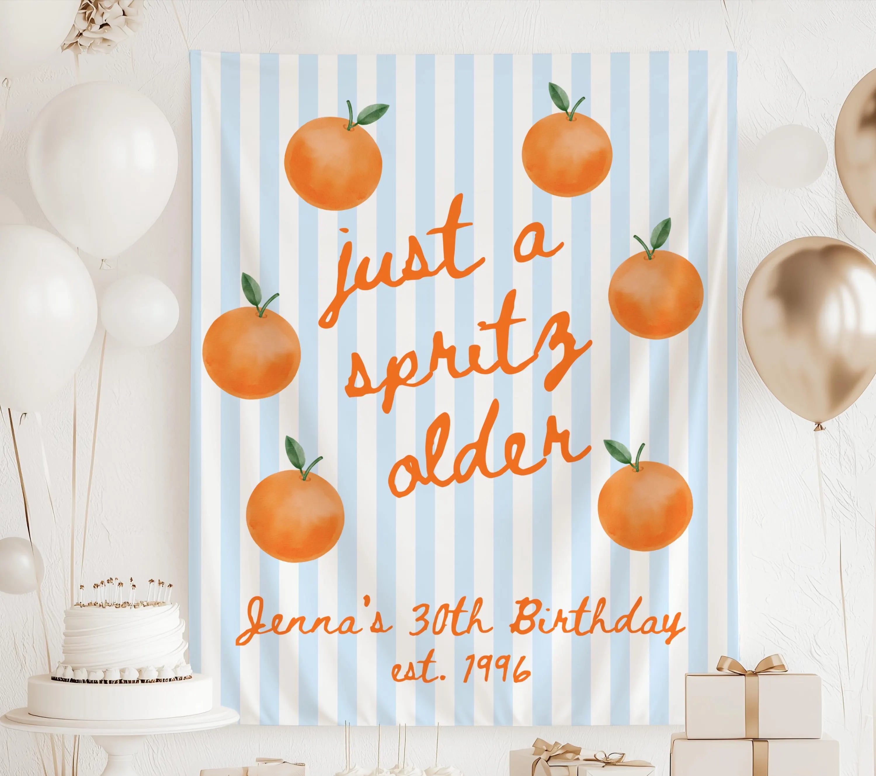 Personalized citrus birthday party decor banner featuring orange artwork and custom name for any age
