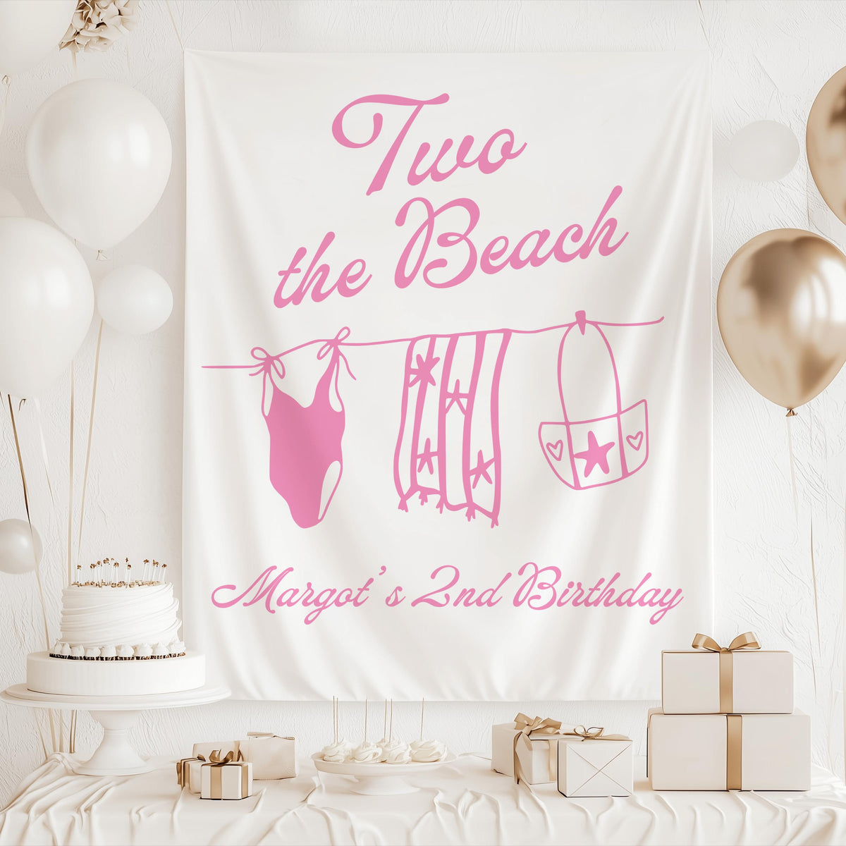 Two the Beach birthday banner with beach inspired illustrations and personalized party details