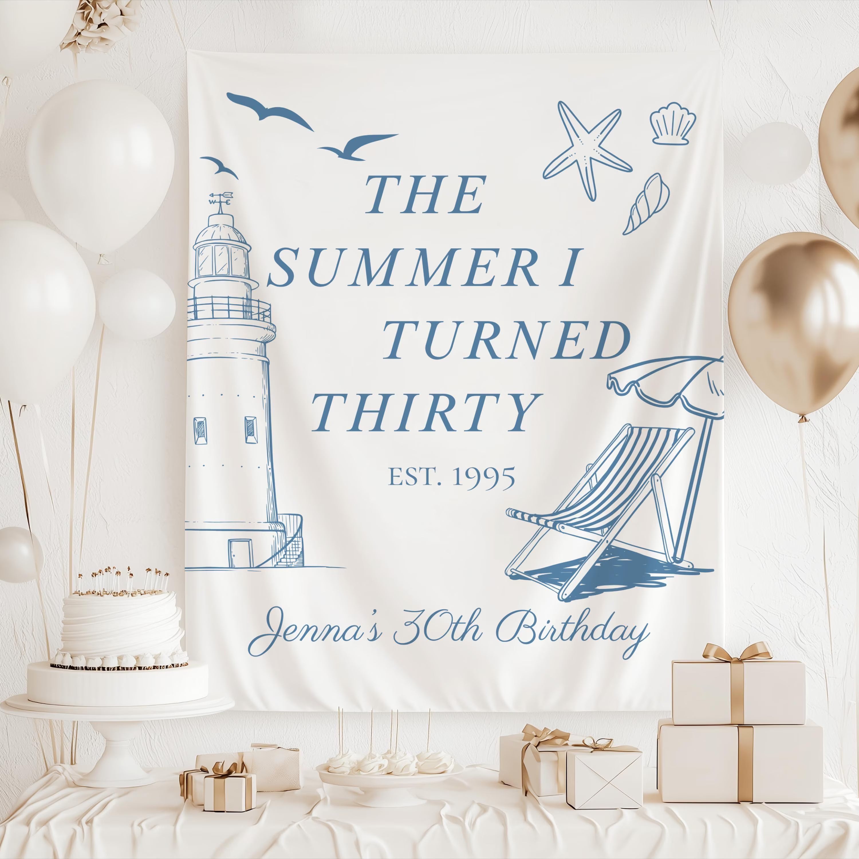 Custom coastal 30th birthday party backdrop featuring The Summer I Turned 30 design with personalized details