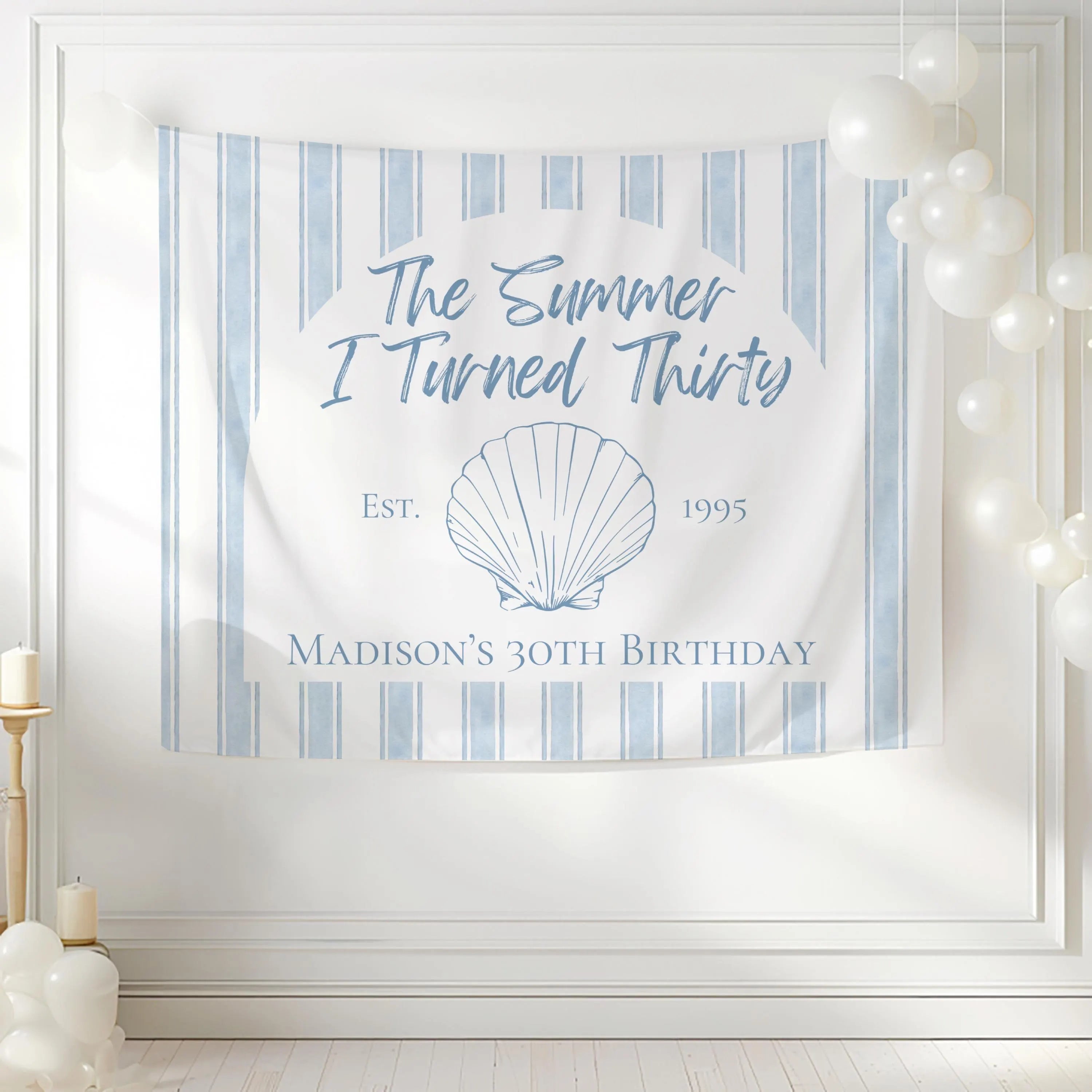 Custom coastal 30th birthday party backdrop featuring The Summer I Turned Thirty design with personalized details