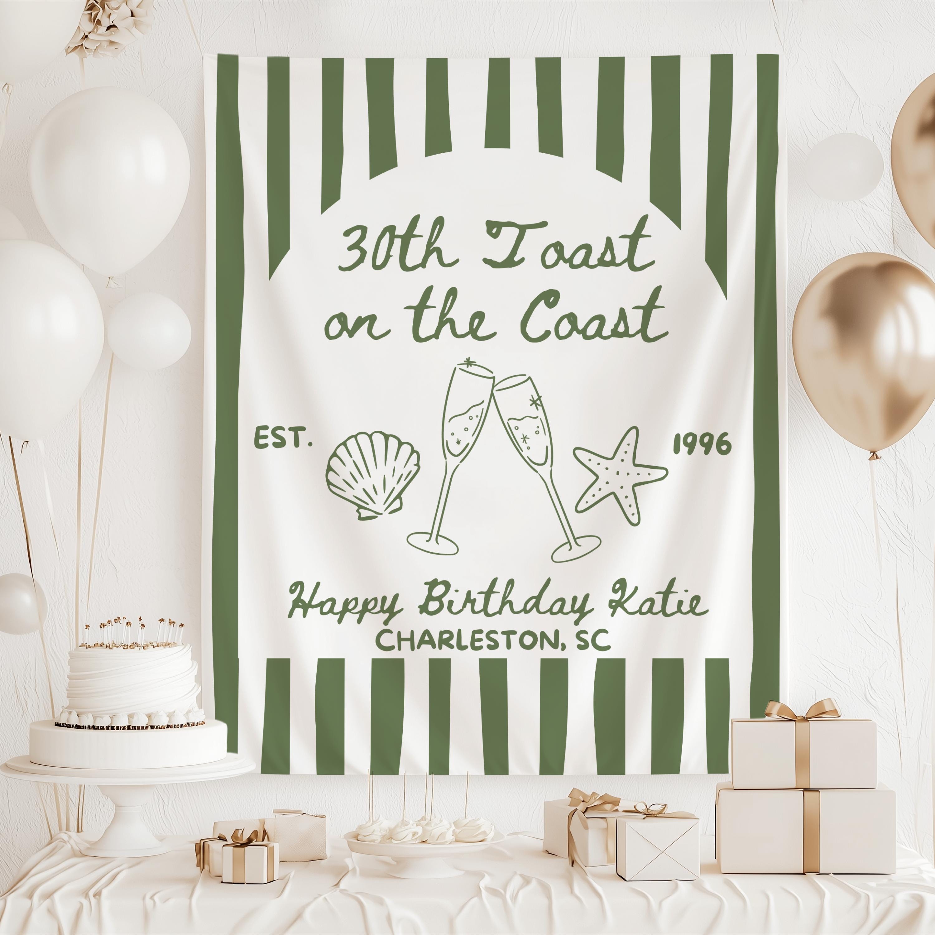 Personalized coastal 30th birthday party banner with custom name birth year location and Toast on the Coast design
