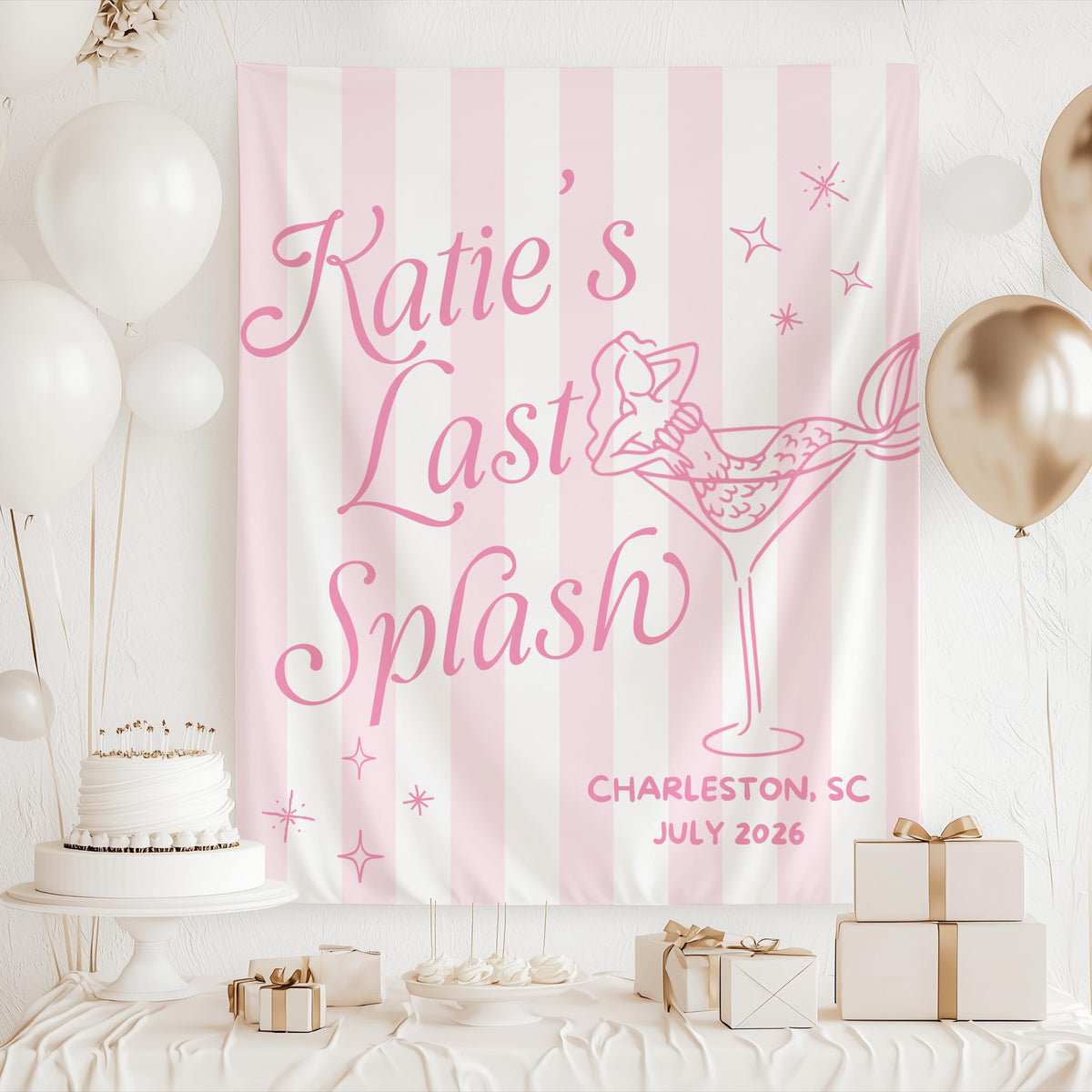 Last Splash tapestry featuring a mermaid martini illustration and personalized party details for a coastal bachelorette party.