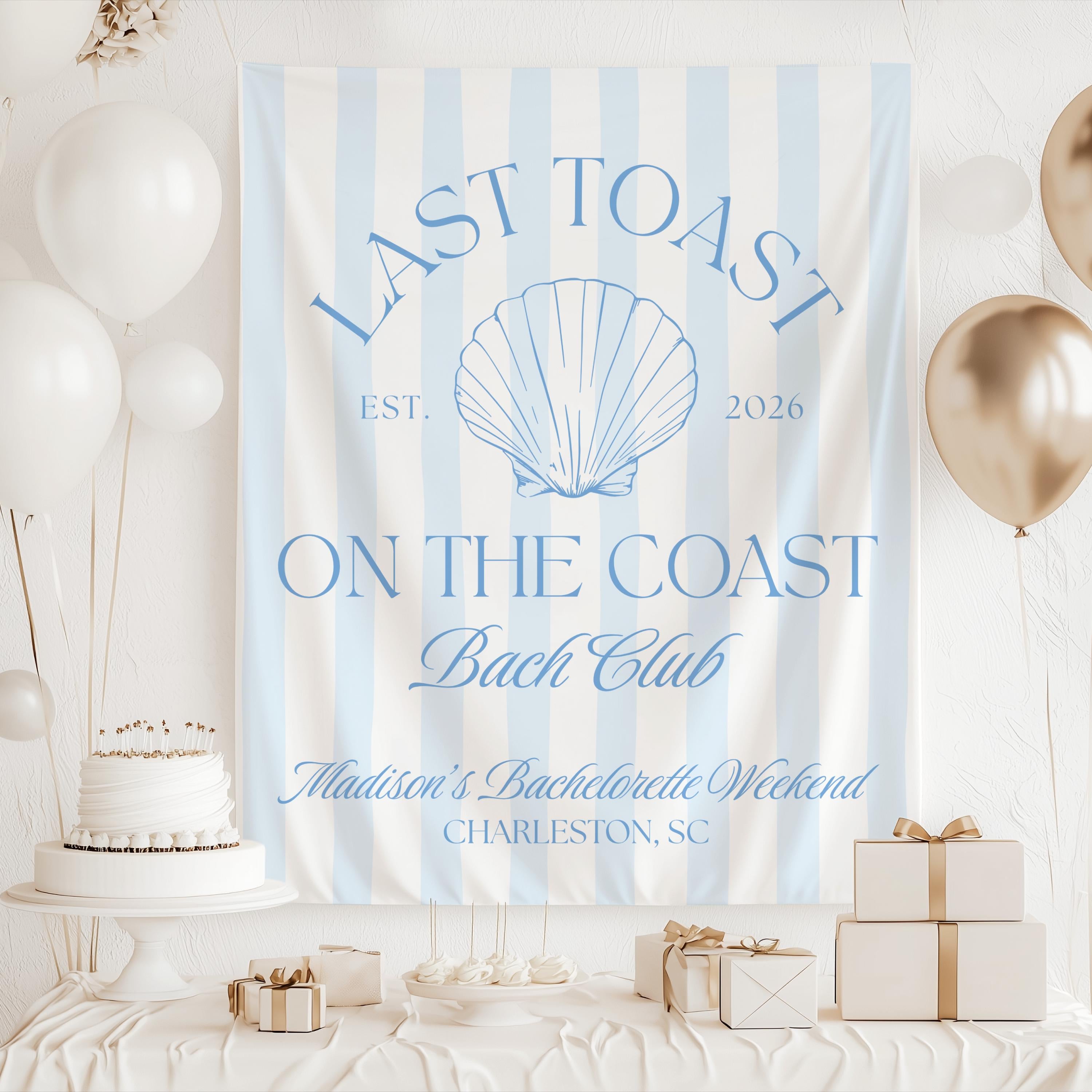 Personalized coastal bachelorette banner with blue stripes and seashell illustration