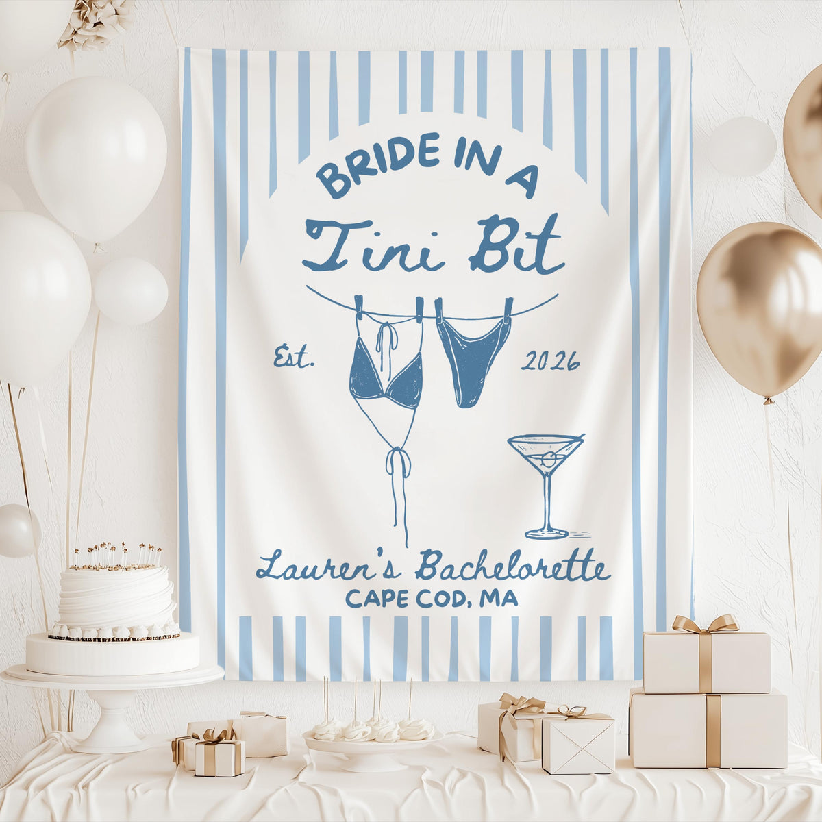 Bride in a Tini Bit tapestry displayed as coastal bachelorette party decor for beach houses, Airbnbs, and poolside celebrations.