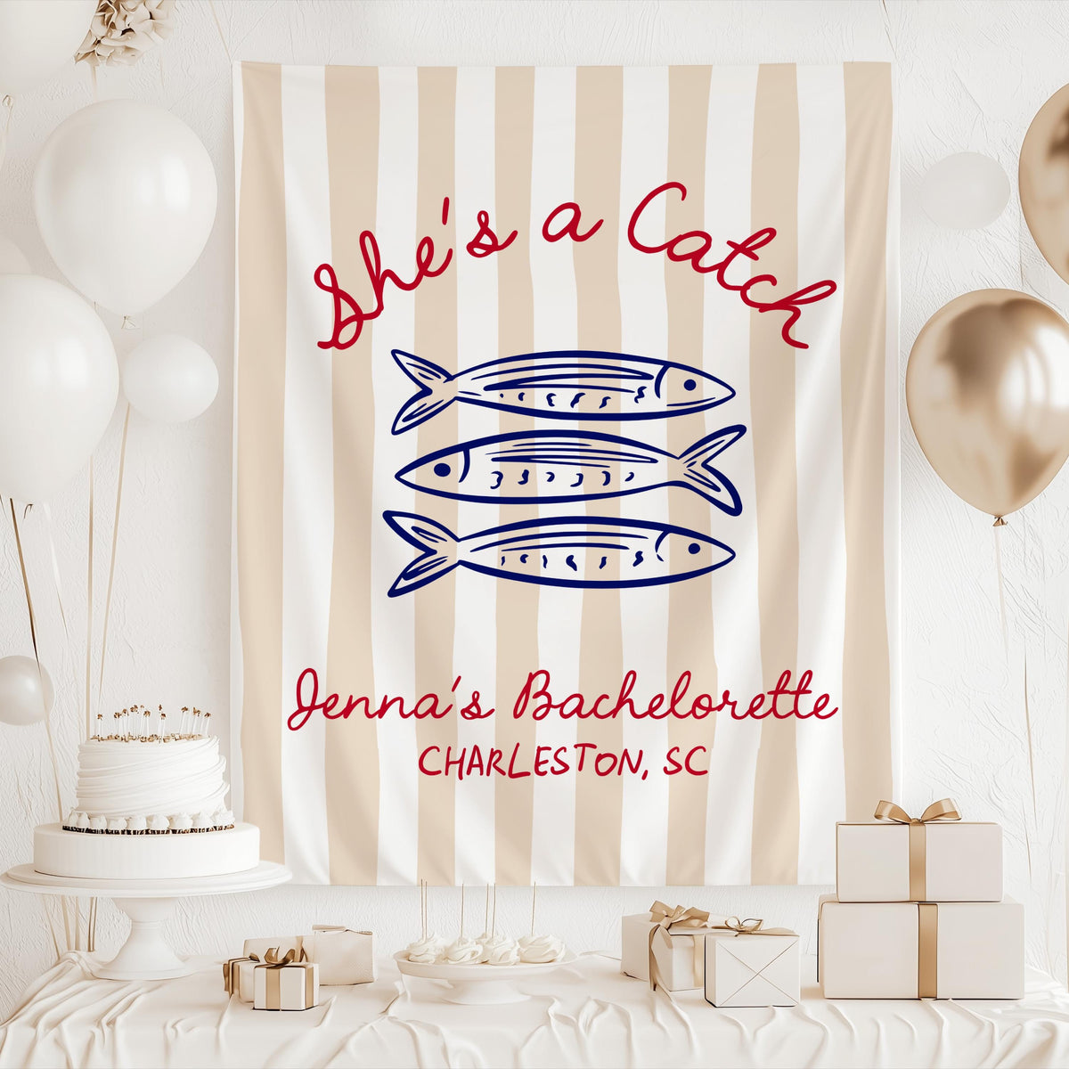 Beach themed She's a Catch banner personalized for coastal bachelorette weekends