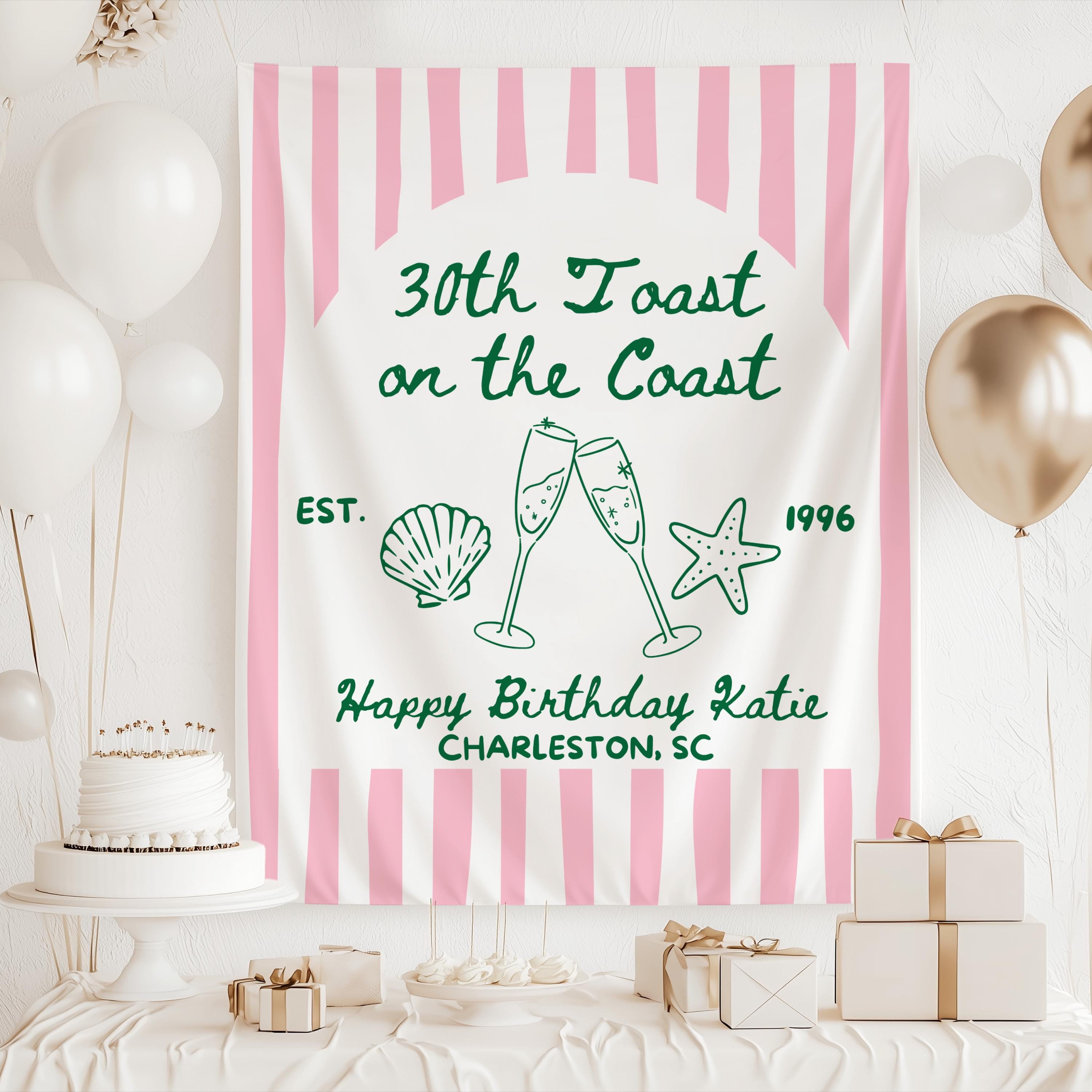 Custom coastal birthday tapestry personalized with name birth year and beach inspired design