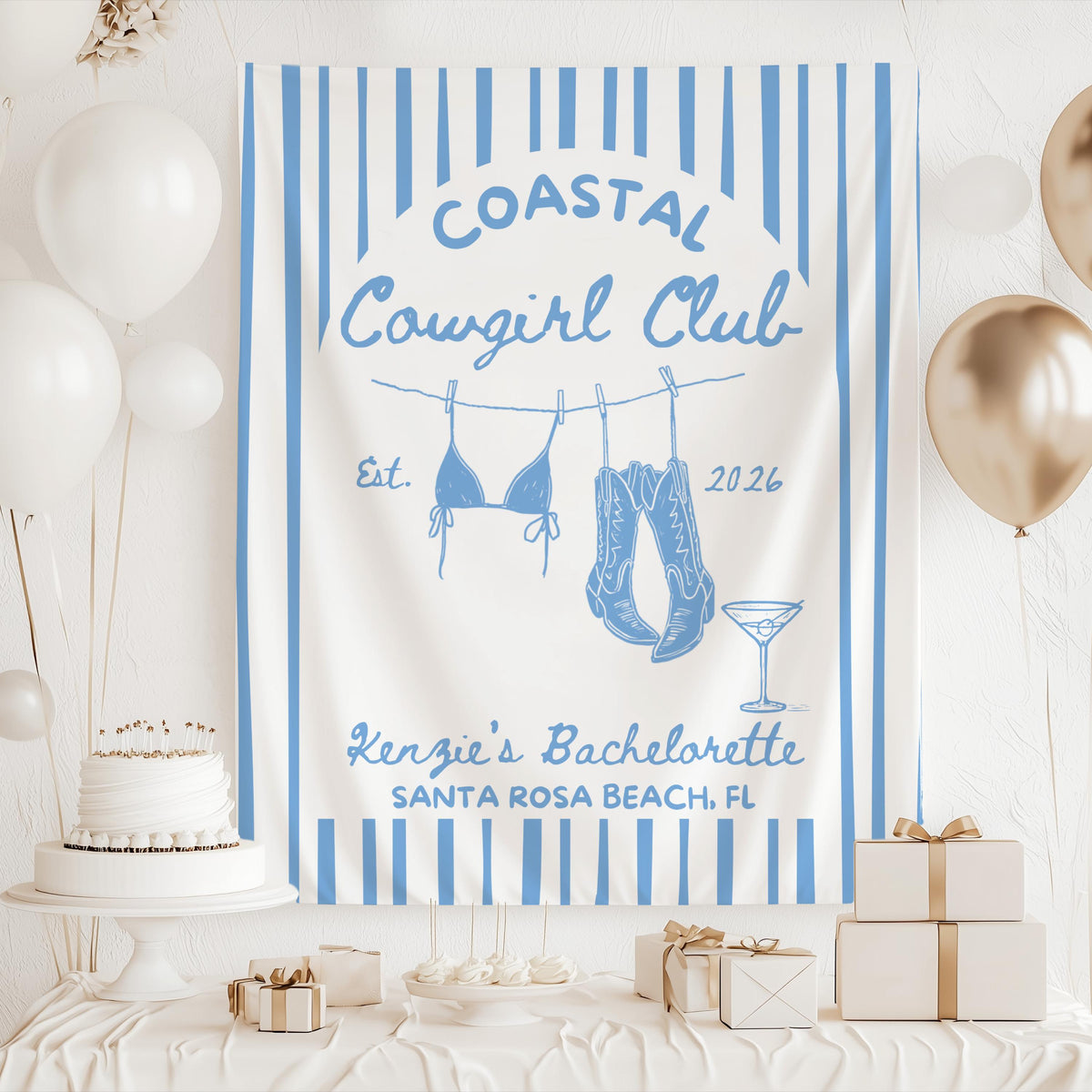 Custom Coastal Cowgirl party backdrop featuring cowboy boots bikini martini glass and personalized bachelorette details
