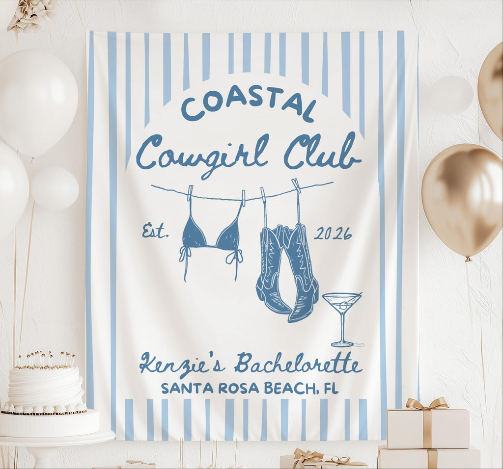 Personalized Coastal Cowgirl bachelorette banner with blue stripes western boots bikini and custom name for a beach bridal party
