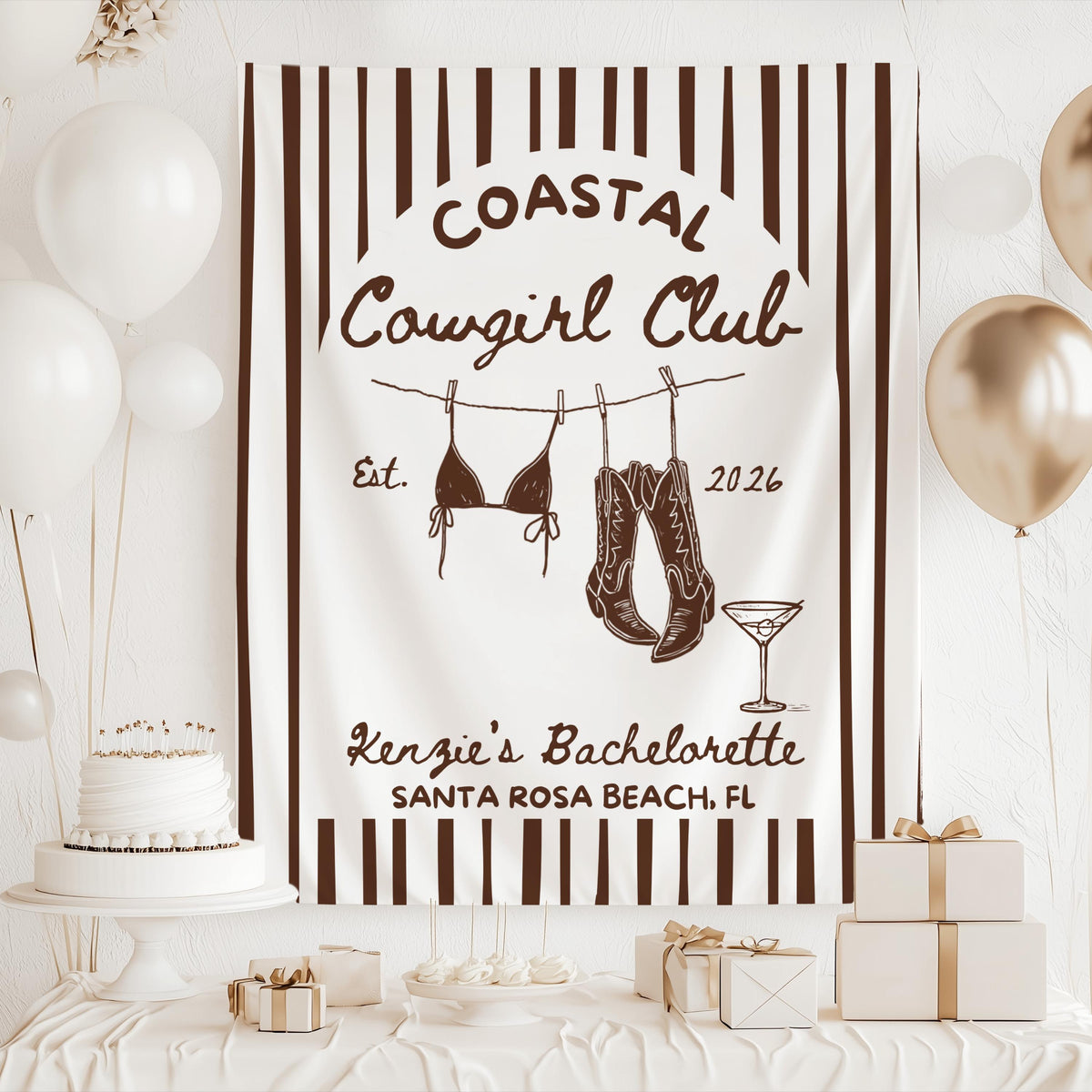 Coastal Cowgirl bachelorette banner with beach inspired western design and custom text for a bridal weekend
