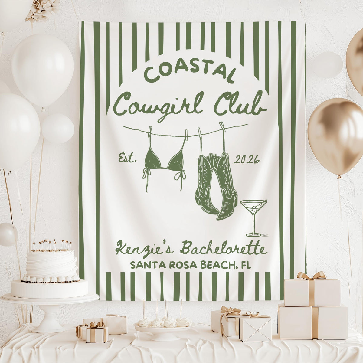 Personalized beach bachelorette banner with Coastal Cowgirl theme blue striped background and western artwork

