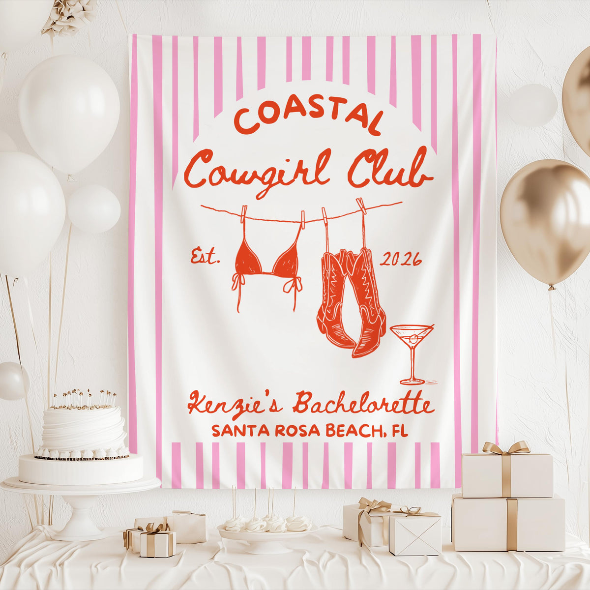 Coastal Cowgirl bachelorette party banner available in multiple sizes with personalized name destination and event details
