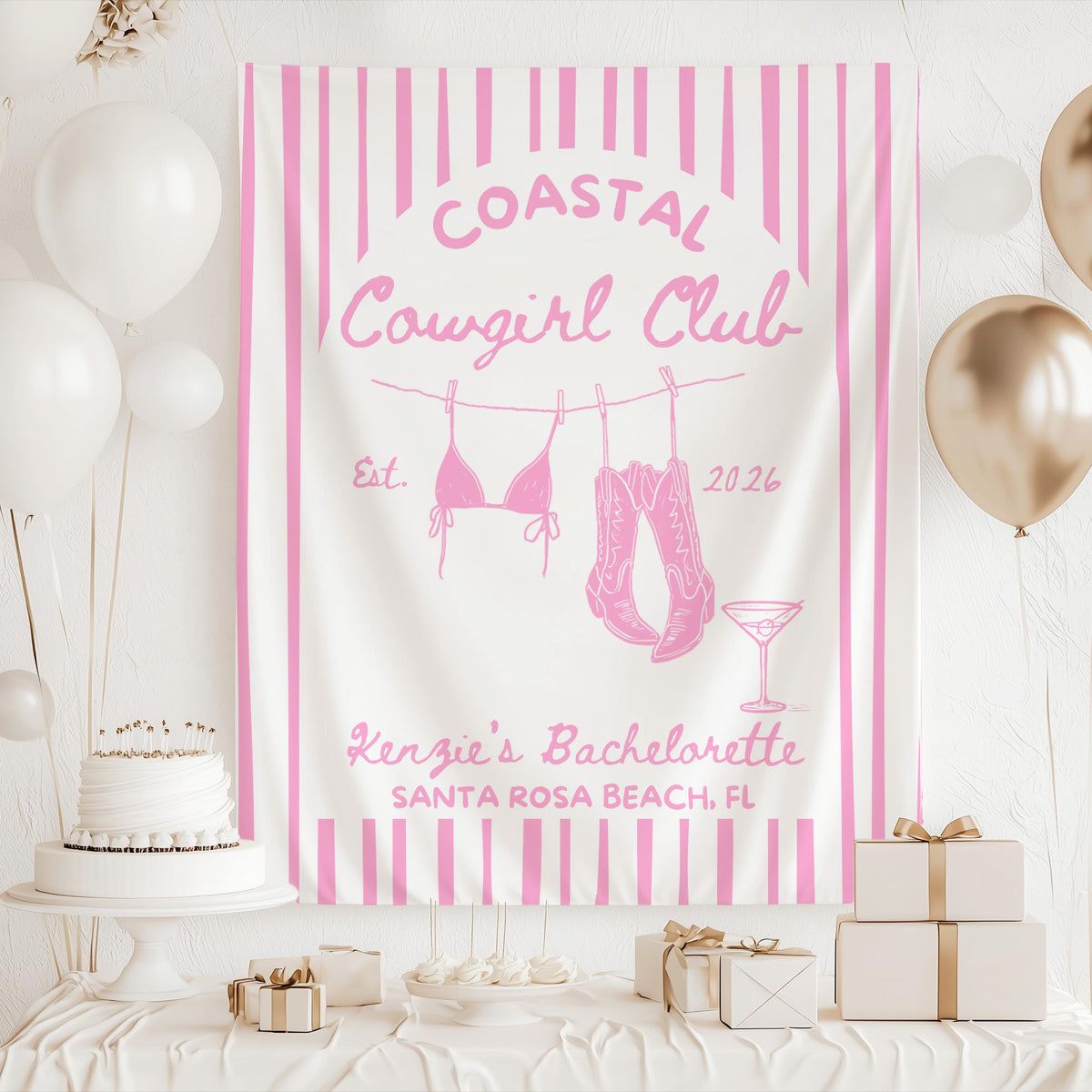 Custom Coastal Cowgirl backdrop for a Santa Rosa Beach bachelorette party featuring boots bikini and coastal decor
