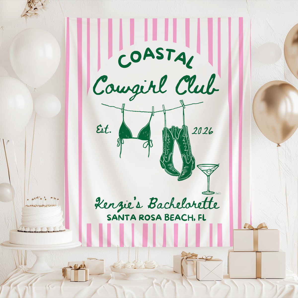 Coastal Cowgirl bachelorette banner displayed as beach party decor for a coastal bridal weekend celebration
