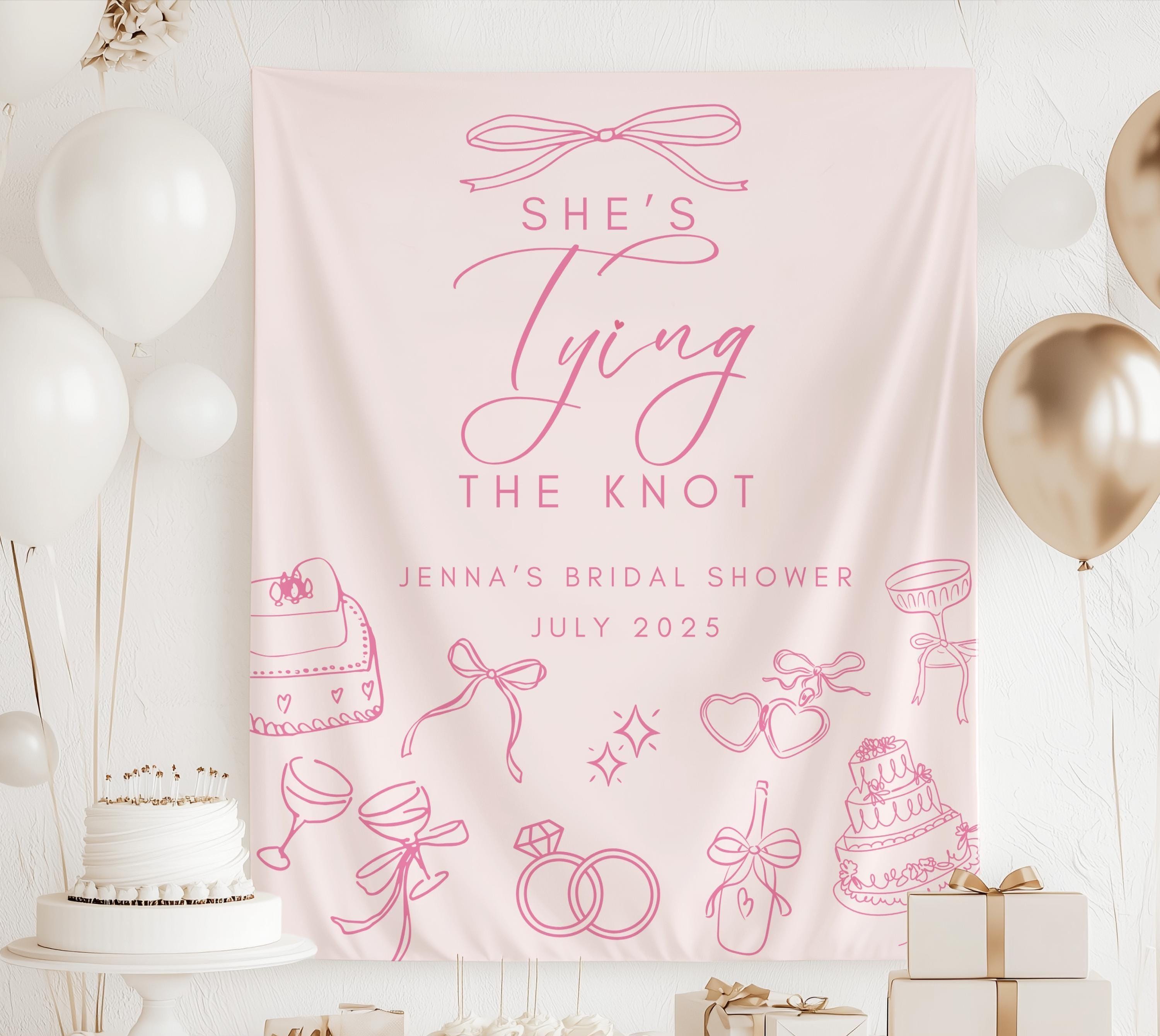 Coquette bridal shower decor banner with pink bows wedding cake champagne and bridal inspired artwork