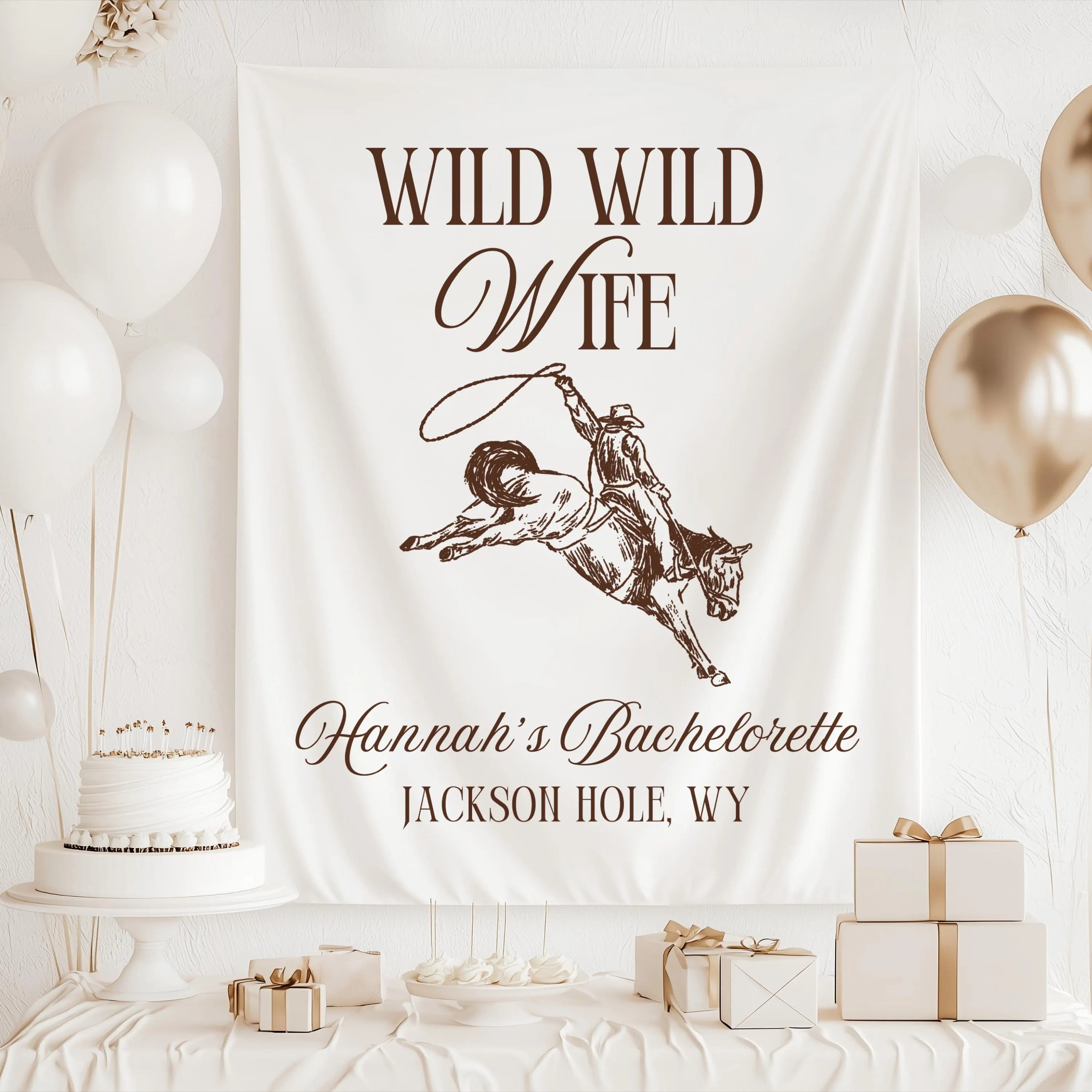 Country bachelorette party banner featuring vintage western artwork and personalized bride weekend decorations.