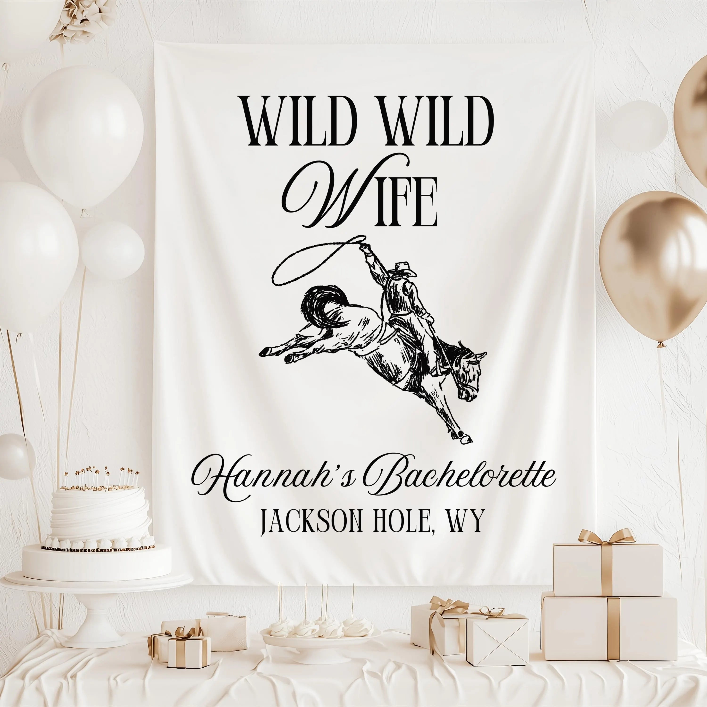 Cowboy bachelorette backdrop personalized for the bride with western rodeo artwork and custom destination details.