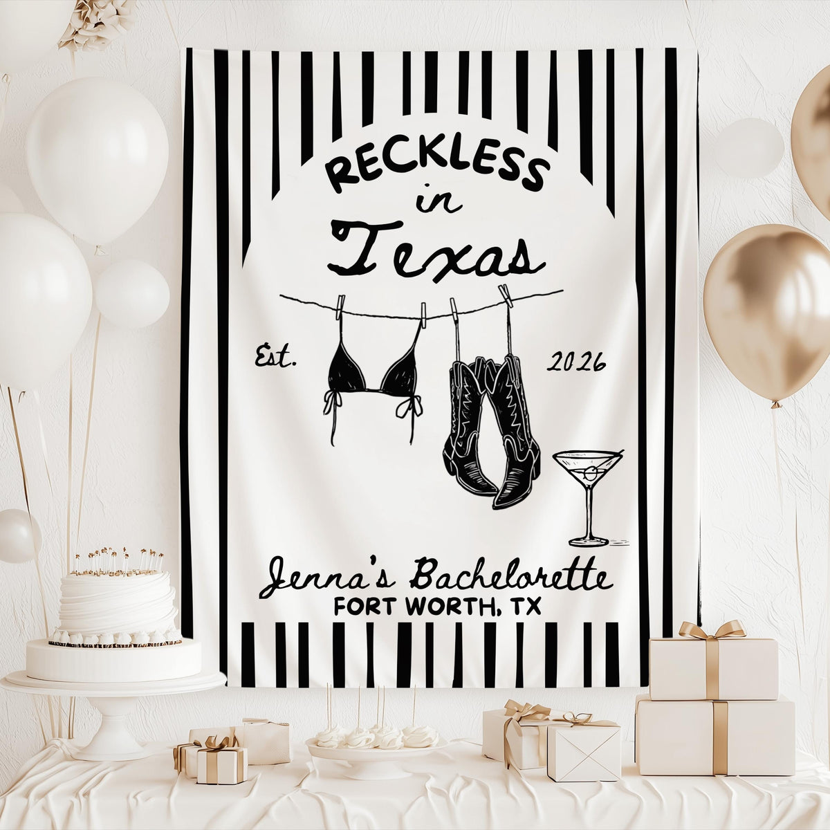 Personalized western girls trip banner with cowboy boots and custom bride details