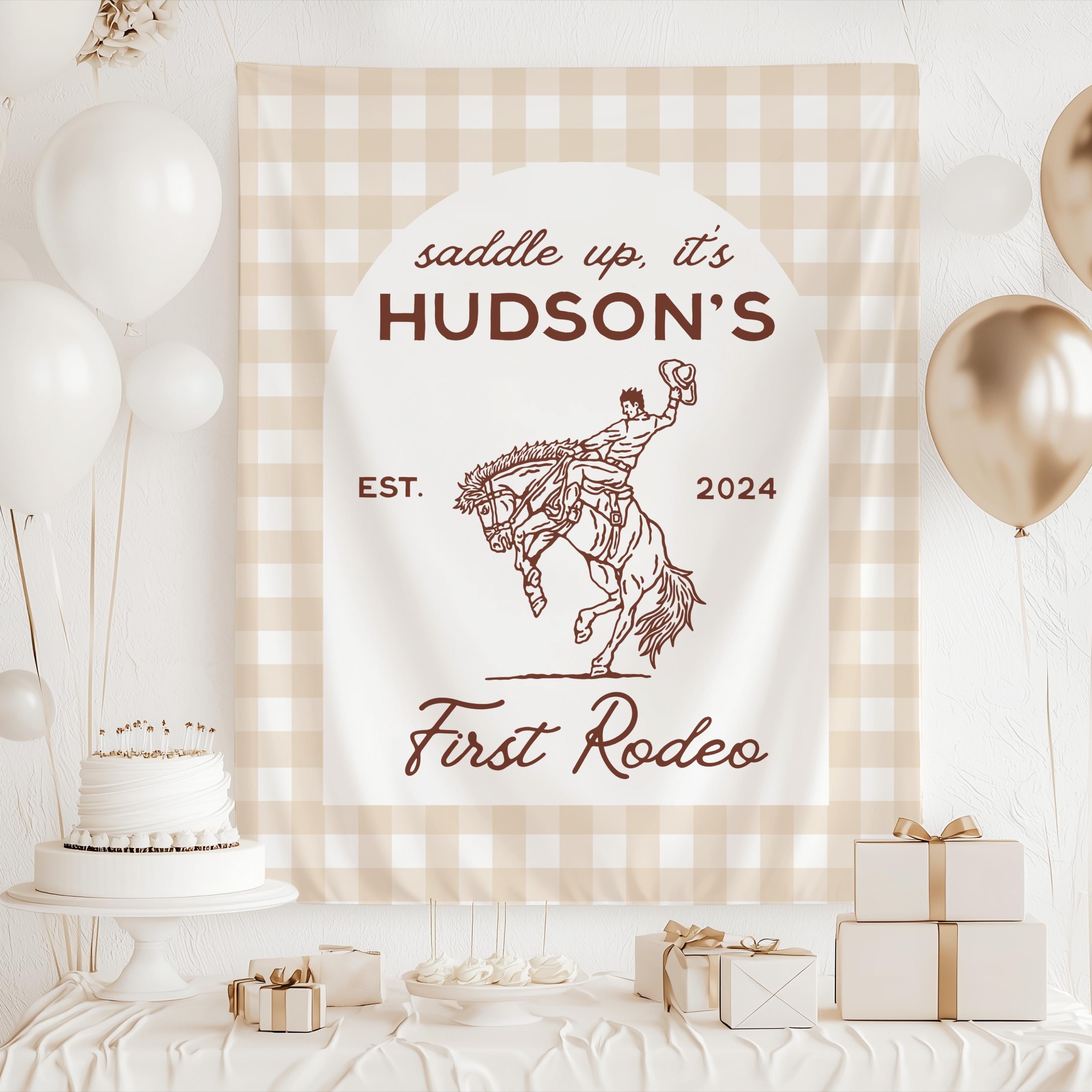 Personalized cowboy first birthday backdrop for a western themed first birthday party
