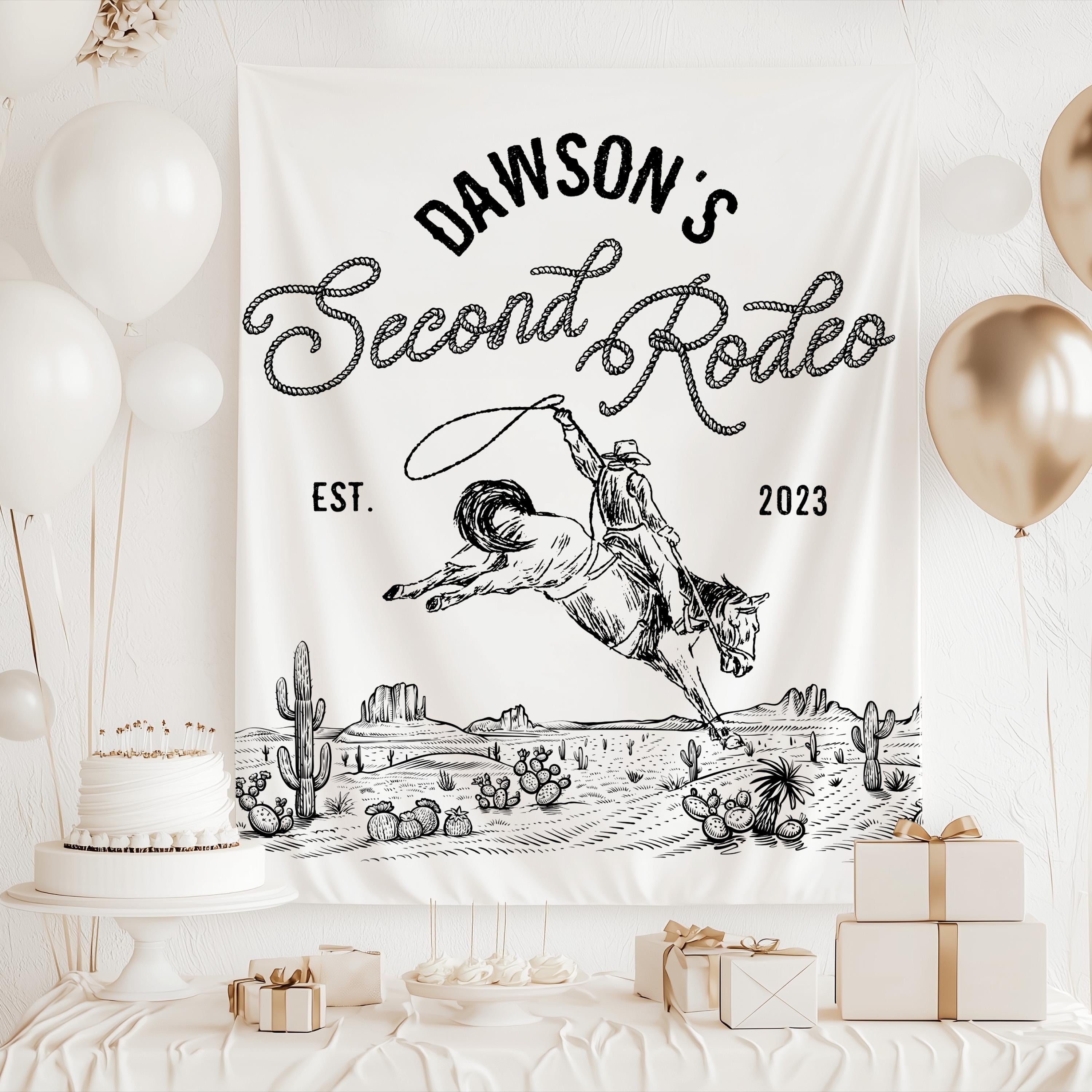 Cowboy second birthday banner personalized with child's name featuring rodeo artwork and western birthday party decor.