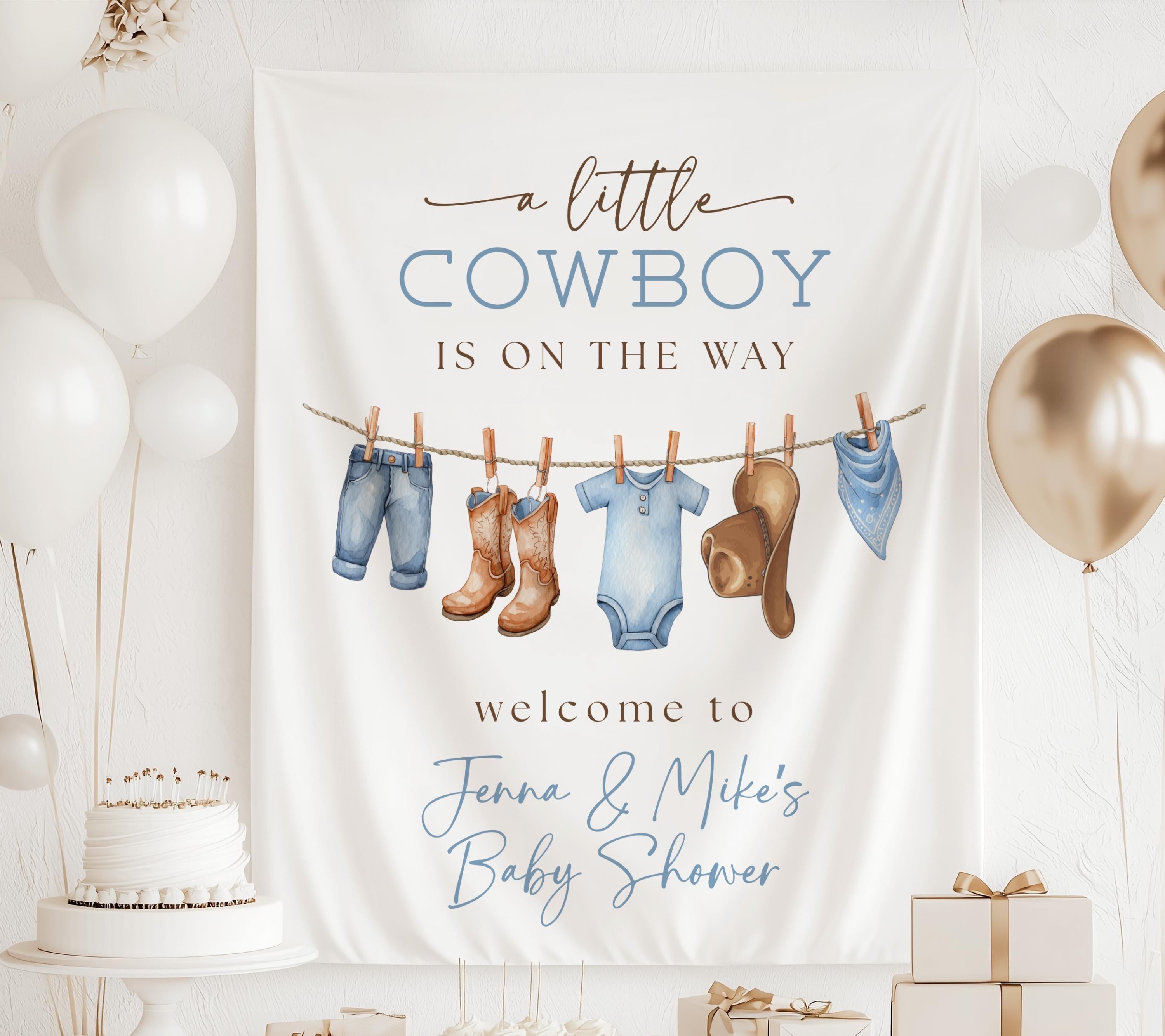 Custom cowgirl baby shower backdrop featuring cowgirl clothesline