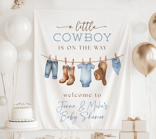 Custom cowgirl baby shower backdrop featuring cowgirl clothesline