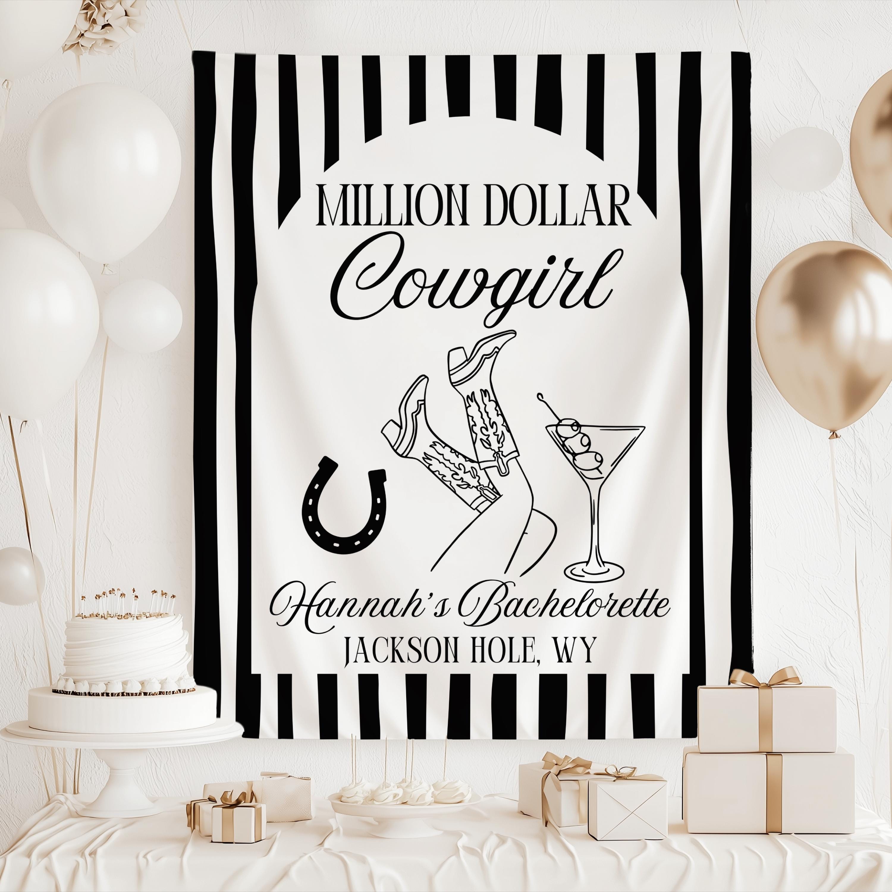 Million Dollar Cowgirl tapestry designed for western bachelorette parties, ranch weekends, and destination bridal celebrations.